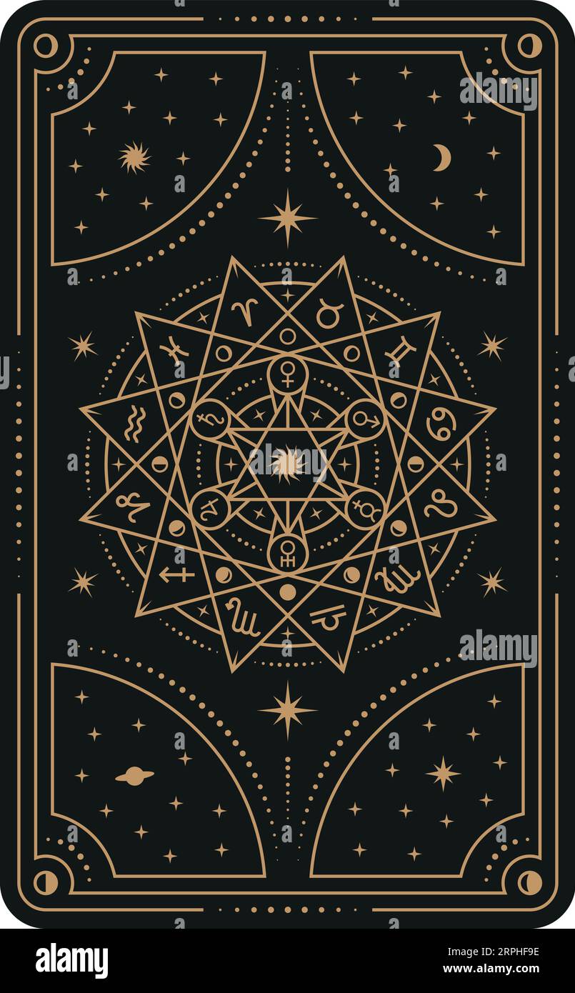 Disegno astrologico dei tarocchi con elementi zodiacali. Carta rituale mistico Illustrazione Vettoriale