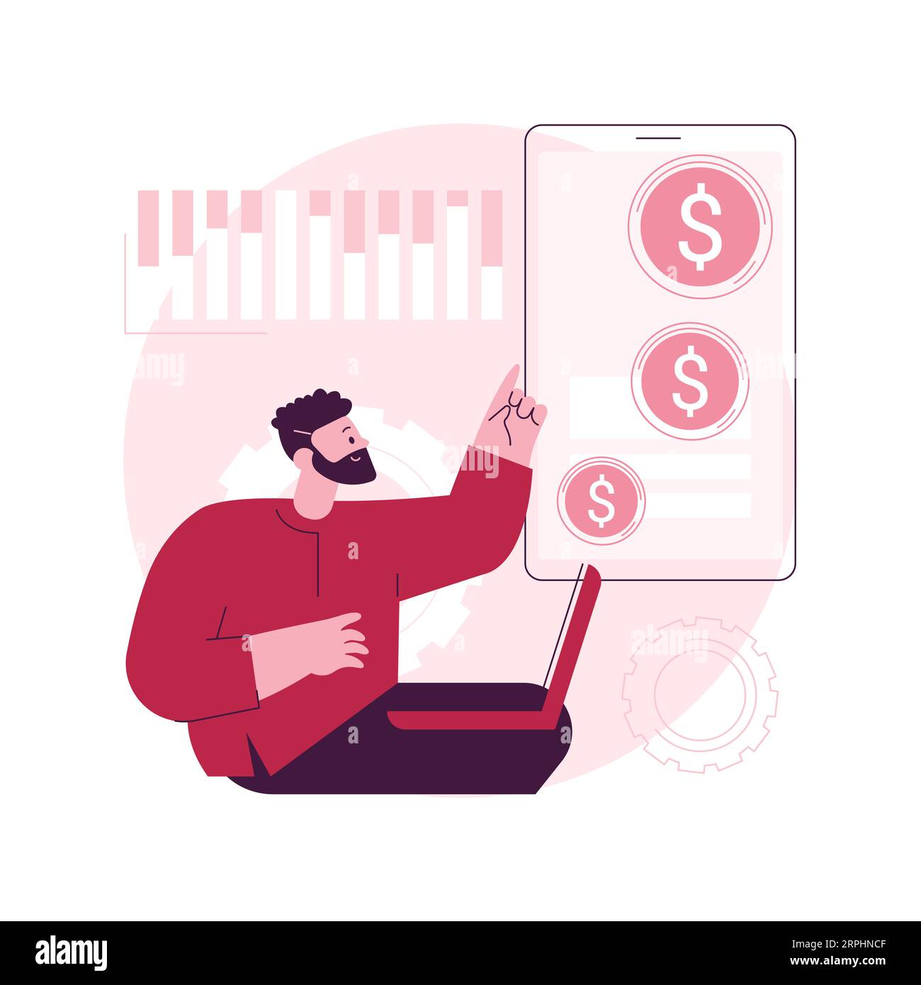 Marketing transazionale concetto astratto illustrazione vettoriale. Strategia orientata alle vendite, massimizzazione del volume delle vendite individuali, relazioni a breve termine con i clienti, metafora astratta della catena di distribuzione. Illustrazione Vettoriale