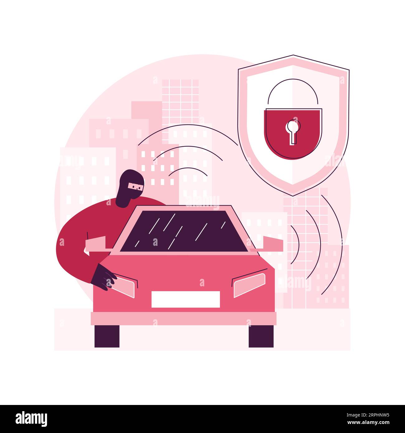 Illustrazione del vettore astratto del concetto di sistema di allarme per auto. Sistema antifurto auto, statistiche relative al furto di veicoli, servizio di installazione professionale di allarmi acustici, metafora astratta audio ad alto volume. Illustrazione Vettoriale