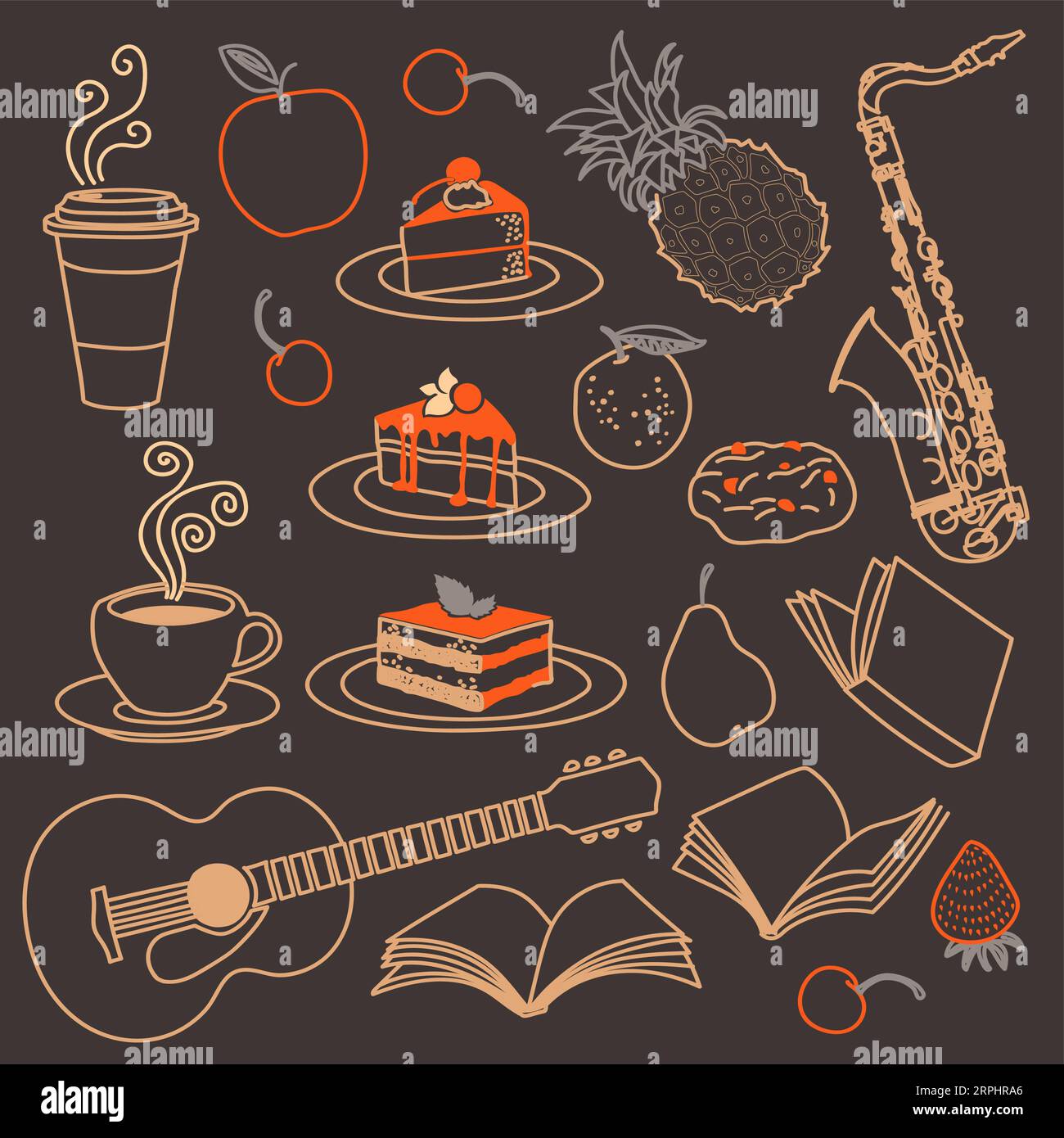 Illustrazioni vettoriali di dolci e tazze di caffè, biscotti al cioccolato. Dolci dolci e frutta, libri e strumenti musicali Illustrazione Vettoriale
