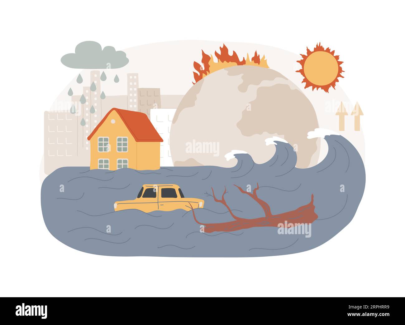 Illustrazione del vettore del concetto isolato di innalzamento del livello del mare. Rapporto mondiale sull'innalzamento degli oceani, dati globali sul livello del mare, causa del sollevamento dell'acqua, conseguenza delle inondazioni, scioglimento del ghiaccio, concetto di vettore di problemi ambientali. Illustrazione Vettoriale