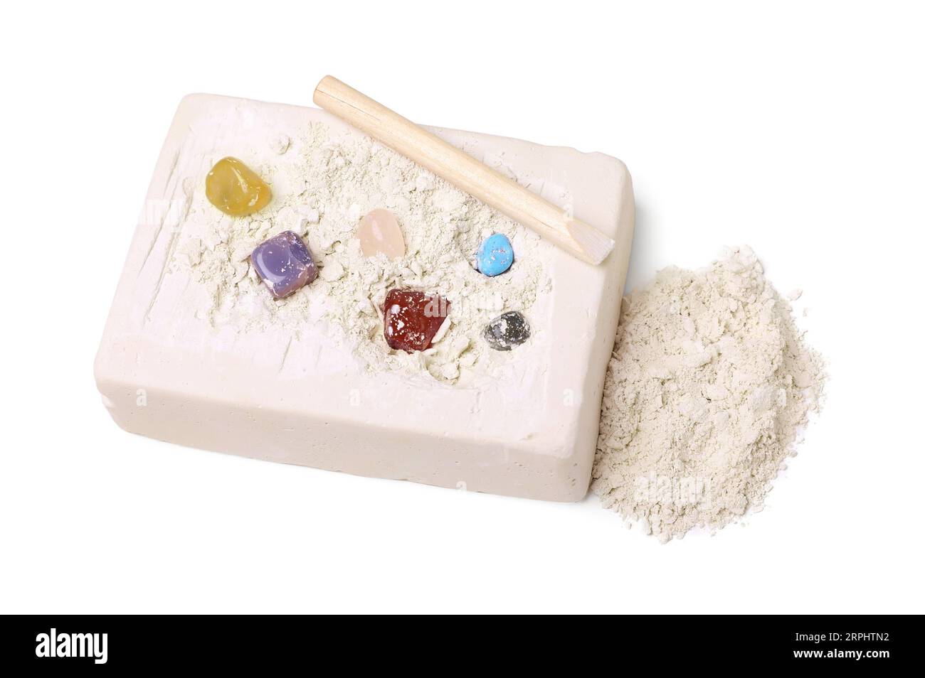 Kit di scavo su sfondo bianco. Giocattolo educativo per abilità motorie Foto Stock