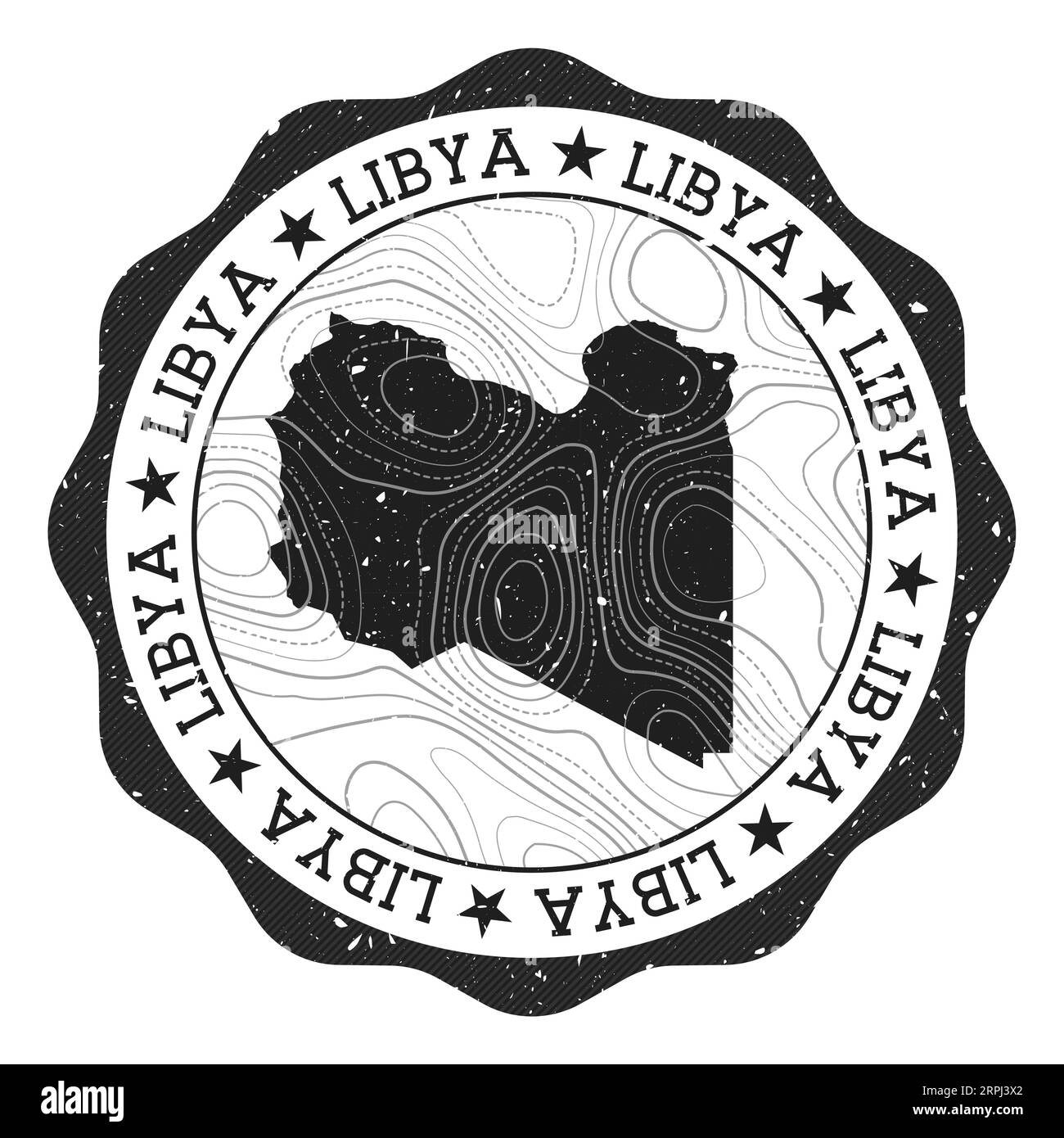 Francobollo all'aperto in Libia. Adesivo rotondo con mappa del paese con isoline topografiche. Illustrazione vettoriale. Illustrazione Vettoriale
