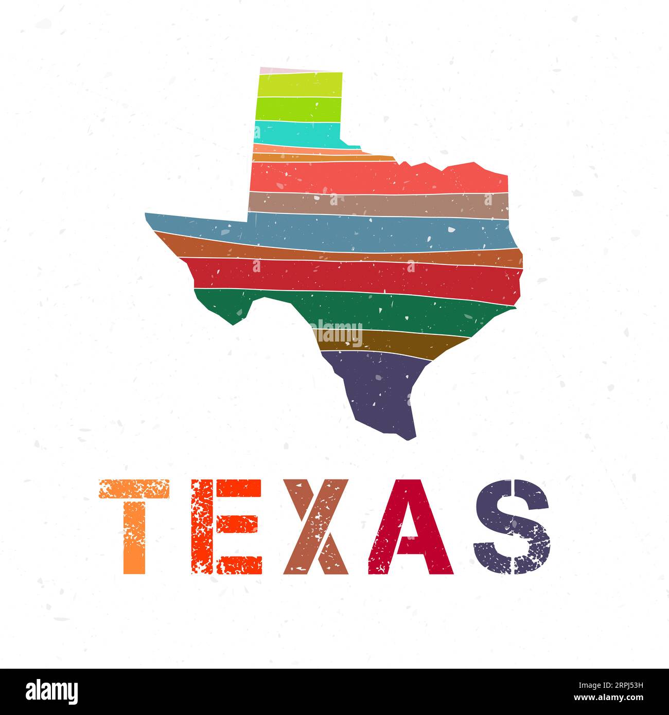 Progettazione di mappe del Texas. Forma dello stato degli Stati Uniti con splendide onde geometriche e texture grunge. Incredibile illustrazione vettoriale. Illustrazione Vettoriale