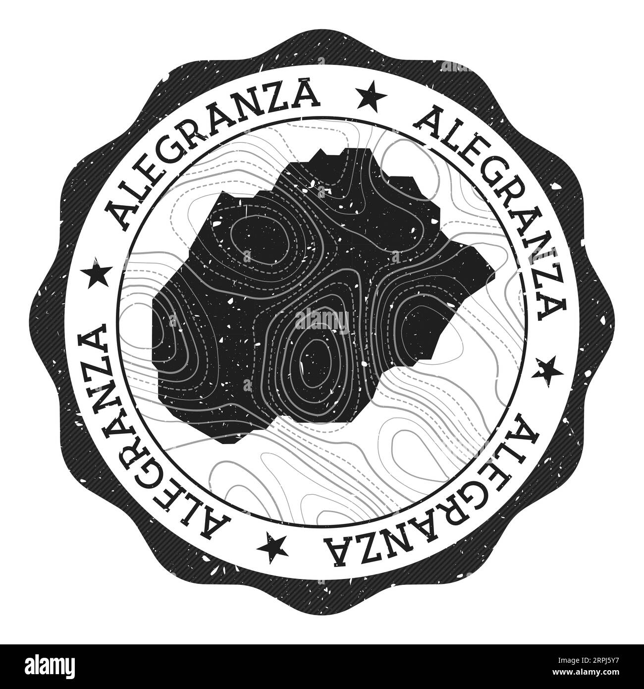 Francobollo per esterni Alegranza. Adesivo rotondo con mappa dell'isola con isoline topografiche. Illustrazione vettoriale. Illustrazione Vettoriale