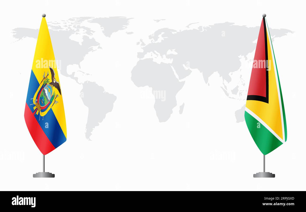 Ecuador e Guyana bandiere per un incontro ufficiale sullo sfondo della mappa mondiale. Illustrazione Vettoriale