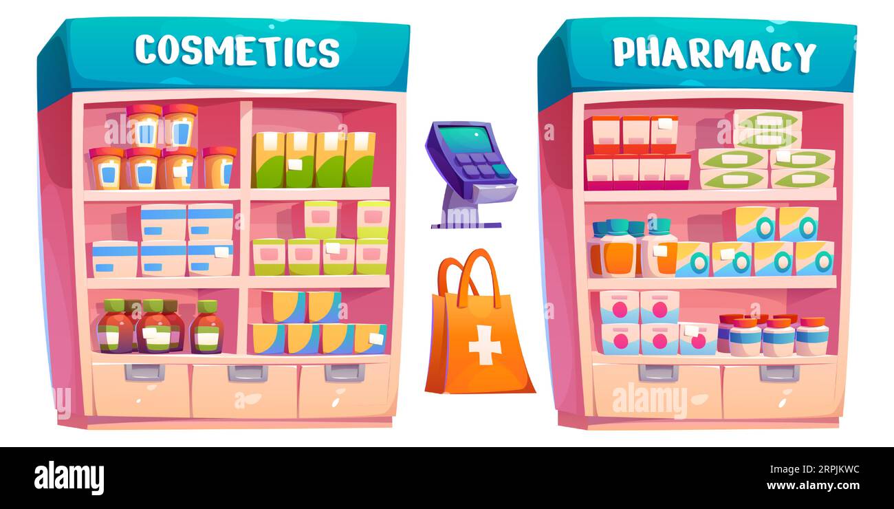 Attrezzature interne per farmacia - scaffali e rack con scatole, provette e vasetti di medicinali e pillole, registratore di cassa e pacchetto con farmaci acquistati. Serie di illustrazioni vettoriali dei cartoni animati della farmacia. Illustrazione Vettoriale