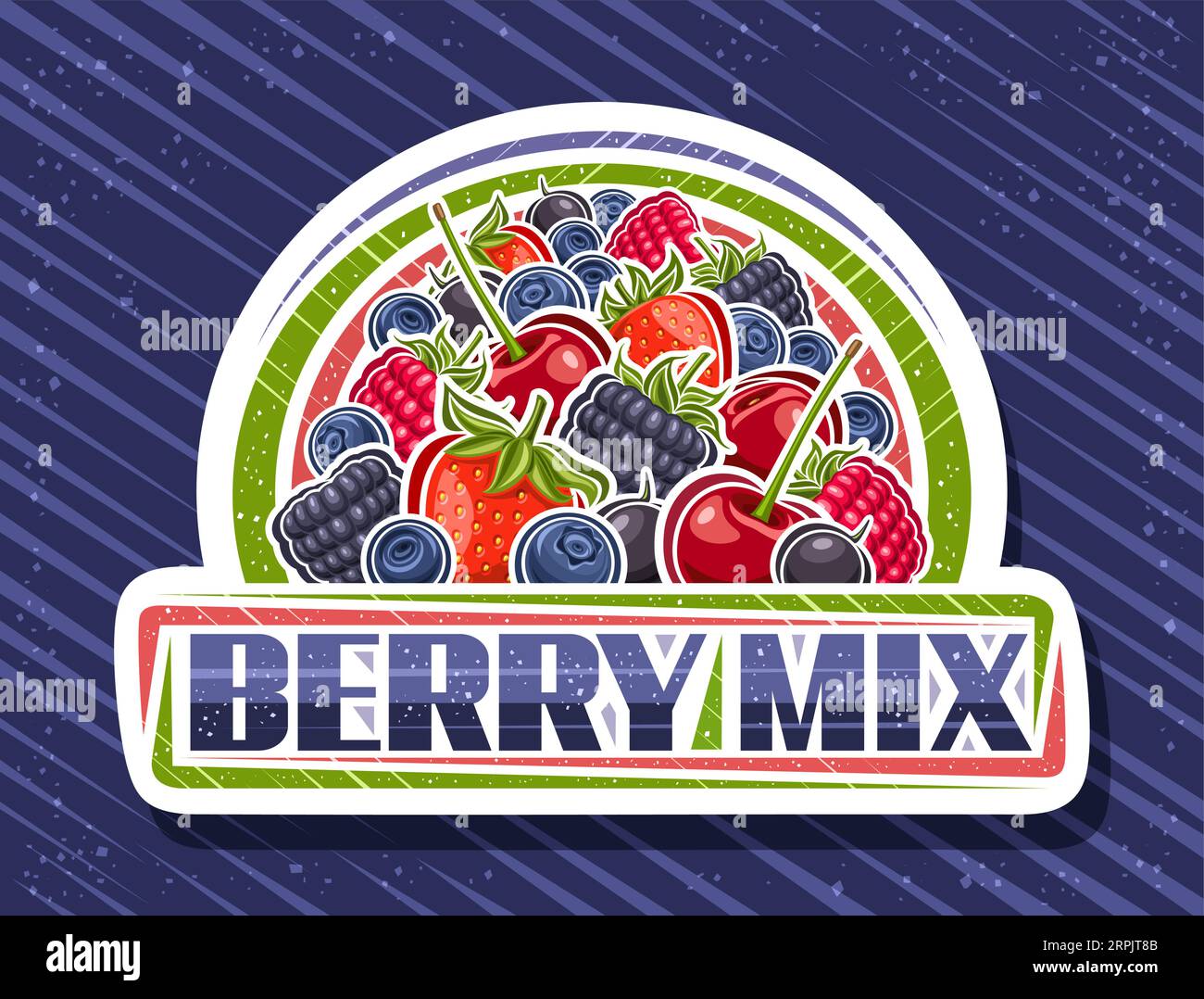 Logo vettoriale per Berry Mix, segno decorativo bianco con illustrazione del contorno di molte diverse bacche da giardino rosse con steli e scritta esclusiva a pennello Illustrazione Vettoriale