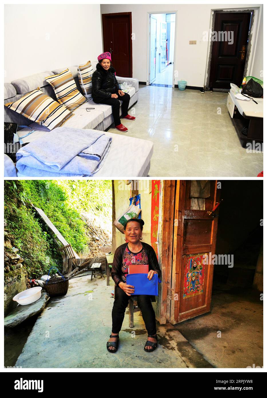 191223 -- GUIYANG, 23 dicembre 2019 Xinhua -- foto combinata scattata il 21 dicembre 2019 da Yang Wenbin mostra una donna seduta nella sua nuova casa in un'area di trasferimento su e una foto scattata il 24 luglio, 2019 di Wu Dejun mostra la donna seduta di fronte alla sua ex casa nella contea di Congjiang, nella provincia di Guizhou della Cina sud-occidentale. Xinhua Xinhua titoli: I programmi di trasferimento accelerano la campagna cinese contro la povertà assoluta PUBLICATIONxNOTxINxCHN Foto Stock