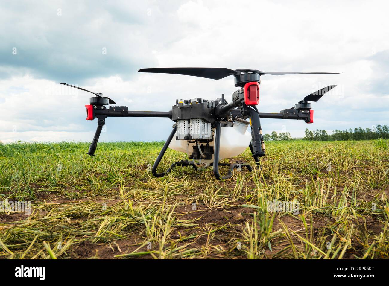 Drone agricolo sullo sfondo del cielo blu e campi verdi con piante agricole. drone per impollinazione delle piante. Tecnologie moderne i Foto Stock