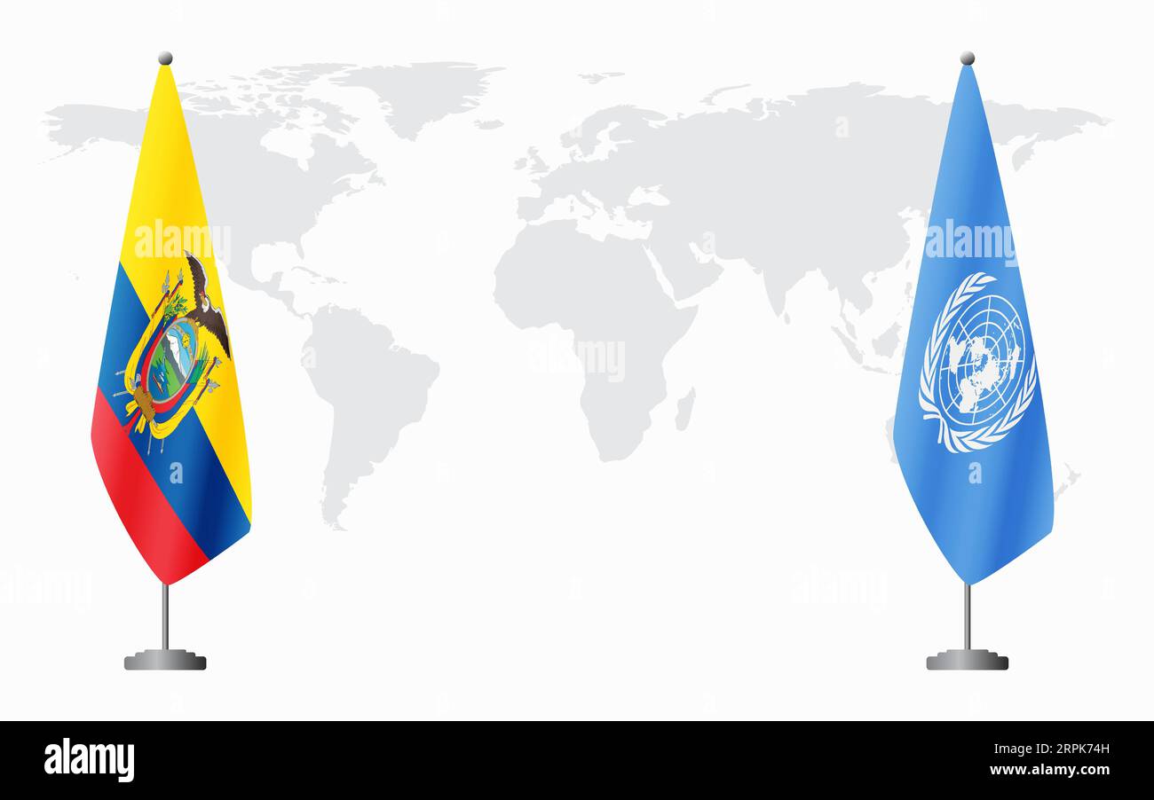 Bandiere dell'Ecuador e delle Nazioni Unite per un incontro ufficiale sullo sfondo della mappa mondiale. Illustrazione Vettoriale