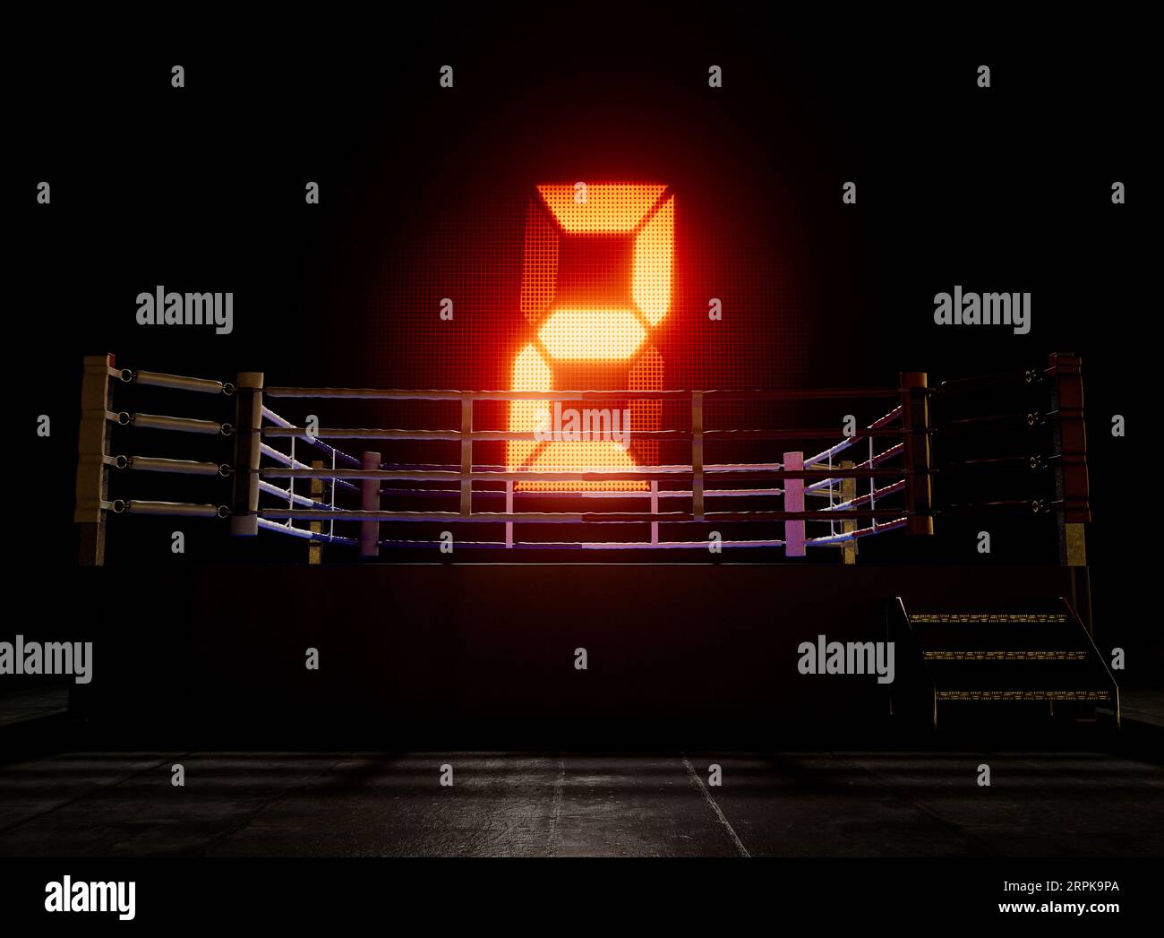 Un moderno anello da boxe con schermo digitale illuminato con il numero due su uno sfondo scuro isolato - rendering 3D. Foto Stock