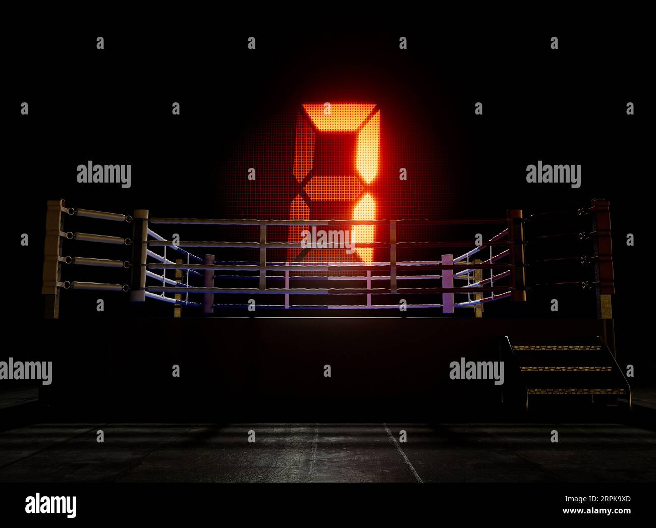 Un moderno anello da boxe con schermo digitale illuminato con il numero sette su uno sfondo scuro isolato - rendering 3D. Foto Stock