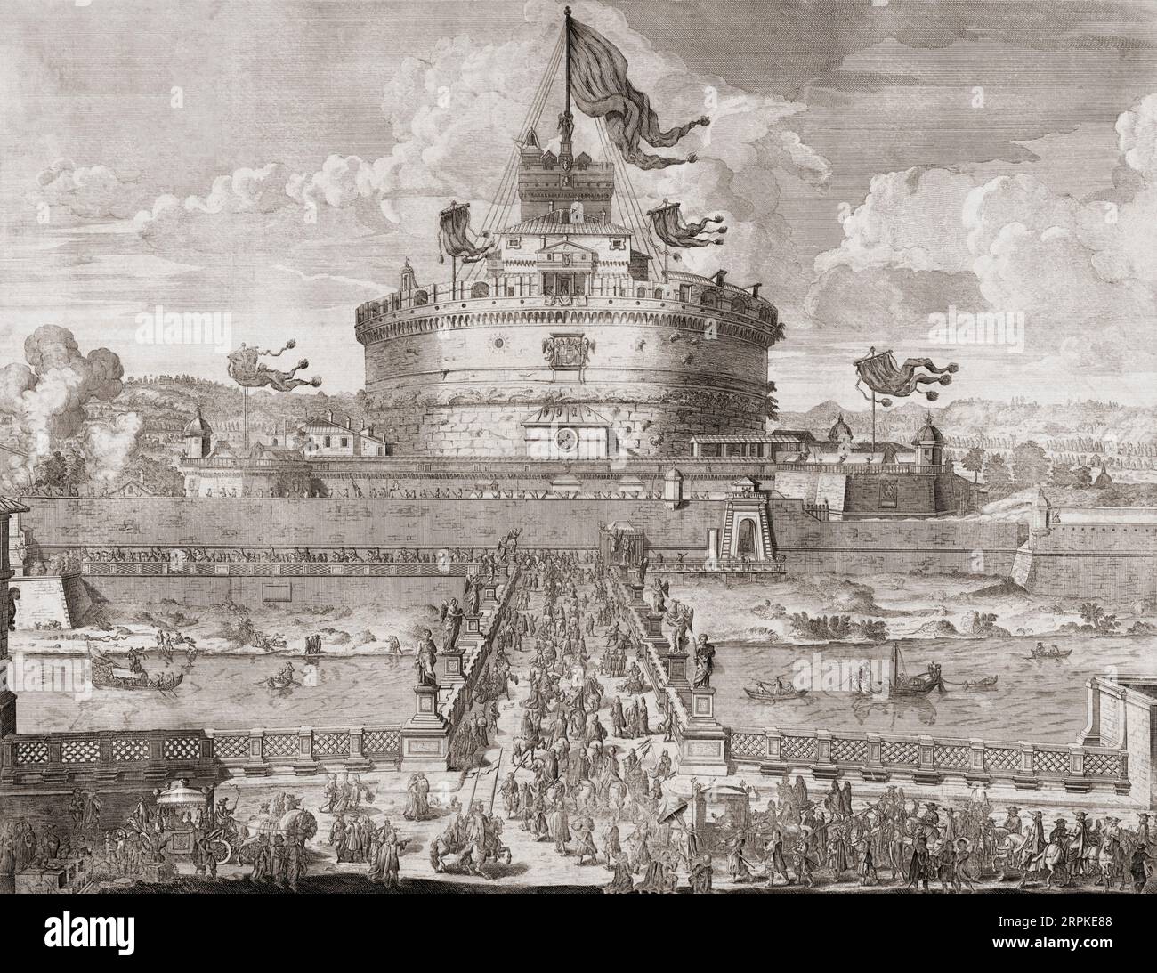 Castel Sant'Angelo, visto dall'altra parte del Ponte Sant'Angelo, Roma, Italia. Dopo una stampa della fine del XVII secolo di Pieter Schenk il Vecchio. Foto Stock