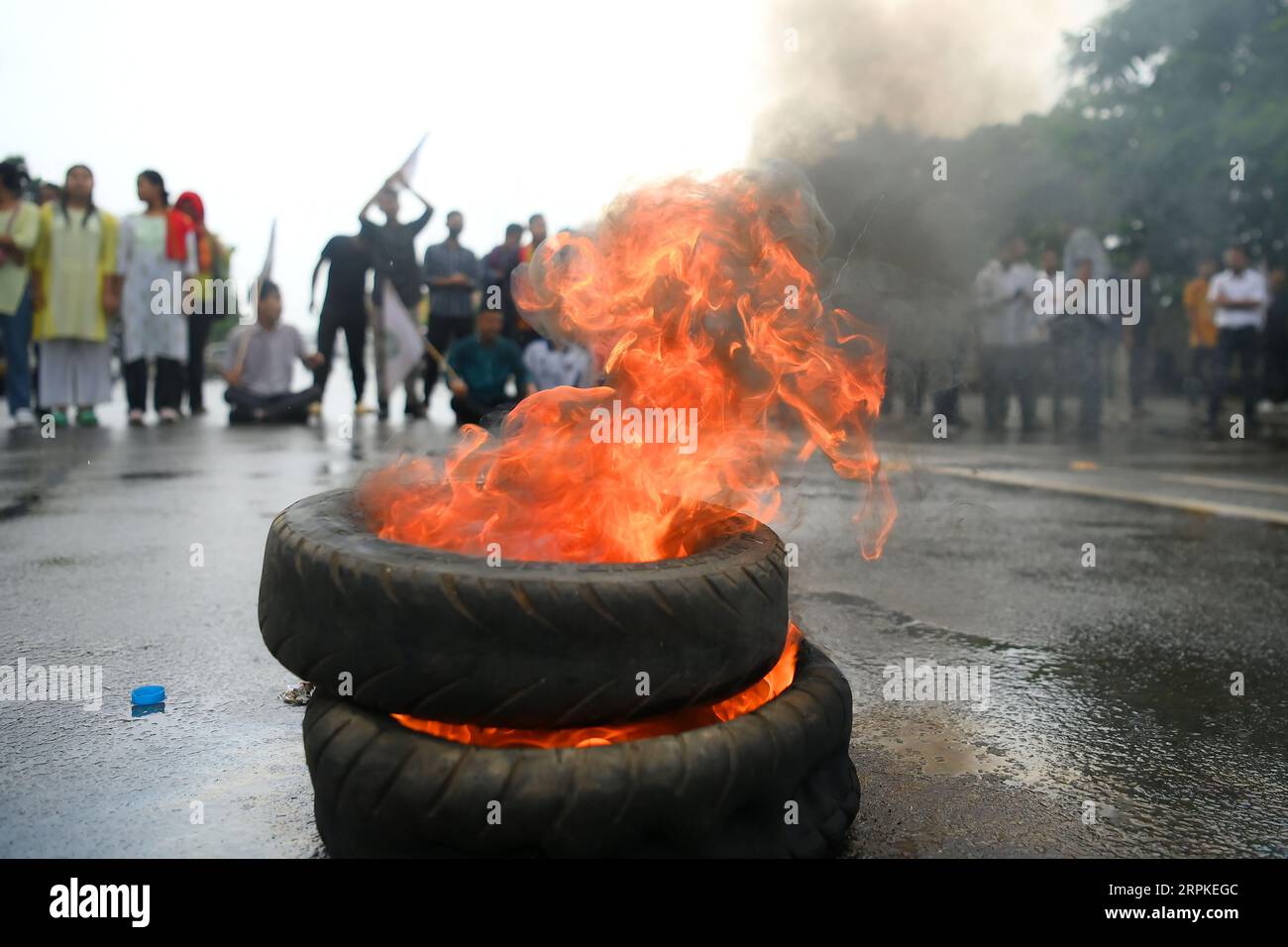 I membri e i sostenitori della TSF (Twipra Students Federation) stanno protestando e chiedendo l'introduzione di Kokborok in Roman script e l'approvazione del 125° Constitutional Amendment Bill durante il loro sciopero di 12 ore ad Agartala. Tripura, India. Foto Stock