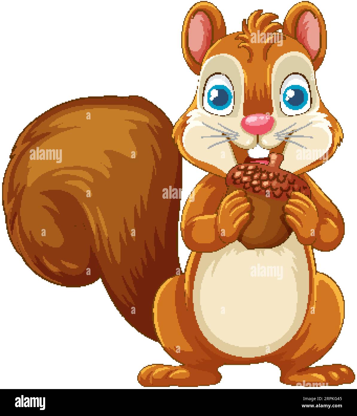 Un cartone animato raffigurante uno scoiattolo sorridente che regge una ghianda, isolato su uno sfondo bianco Illustrazione Vettoriale
