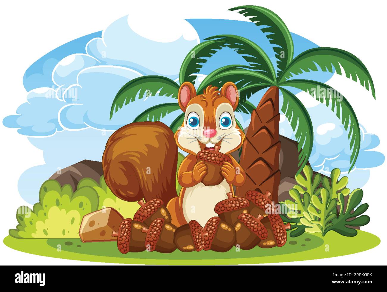 Un cartone animato raffigurante uno scoiattolo che tiene una ghianda in uno sfondo naturale Illustrazione Vettoriale