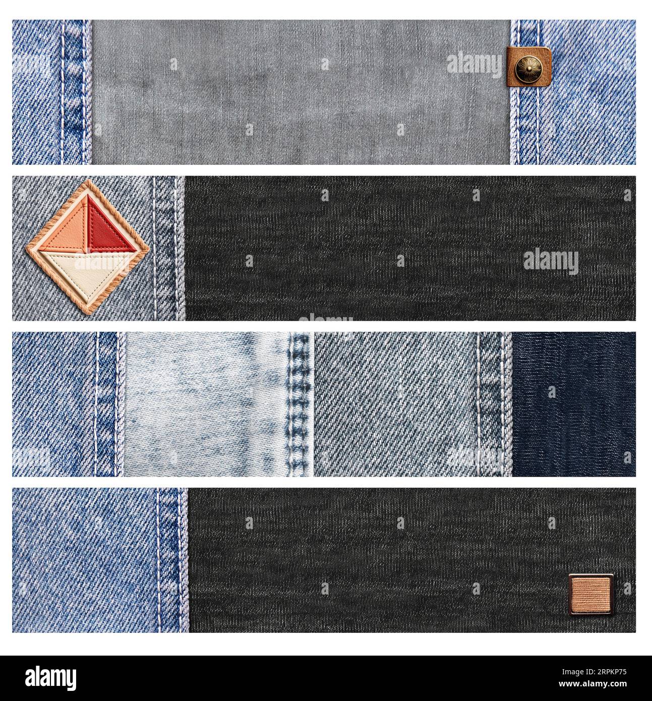 Set di striscioni orizzontali o verticali con bordi in denim blu, etichetta in pelle e texture in cotone nero. Sfondo decorativo con blu chiaro e grigio Foto Stock