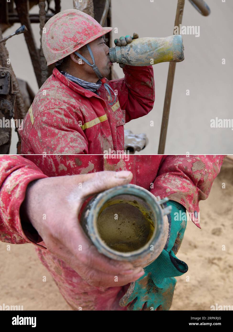 200117 -- XAYAR , 17 gennaio 2020 -- foto combinata scattata il 13 gennaio 2020 mostra l'acqua potabile di Zheng Fuhong durante un break top, e l'acqua ghiacciata causata dalla bassa temperatura nel deserto di Taklimakan, nella regione autonoma di Xinjiang Uygur della Cina nordoccidentale. Il deserto di Taklimakan, soprannominato mare della morte, è ricco di petrolio e di gas, ma afflitto da temperature estreme e fredde. Per esplorare le risorse sono necessari più processi, tra cui lo svolgimento di indagini geofisiche, in modo da raccogliere dati sismici e gettare solide basi per ulteriori esplorazioni. Per svolgere il compito, i lavoratori e i ricercatori devono farlo Foto Stock