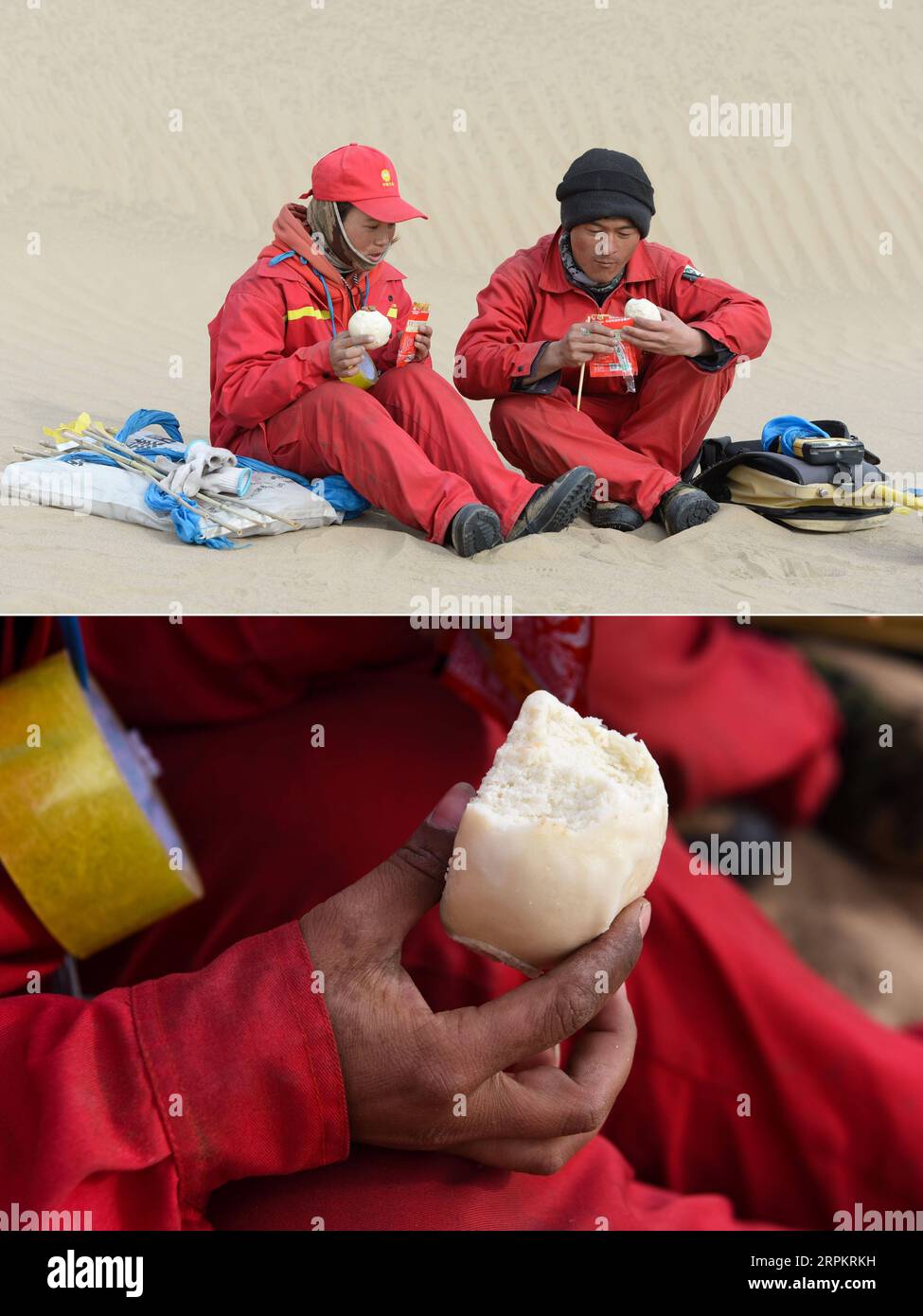 200117 -- XAYAR , 17 gennaio 2020 -- foto combinata scattata il 13 gennaio 2020 mostra gli ingegneri di misurazione Zhou Guoyan L e suo marito mentre pranzano e Zhou Guoyan ha un panino freddo al vapore nel deserto di Taklimakan, nella regione autonoma di Xinjiang Uygur della Cina nordoccidentale. Il deserto di Taklimakan, soprannominato mare della morte, è ricco di petrolio e di gas, ma afflitto da temperature estreme e fredde. Per esplorare le risorse sono necessari più processi, tra cui lo svolgimento di indagini geofisiche, in modo da raccogliere dati sismici e gettare solide basi per ulteriori esplorazioni. Per eseguire l'attività, i lavoratori e il ricercatore Foto Stock