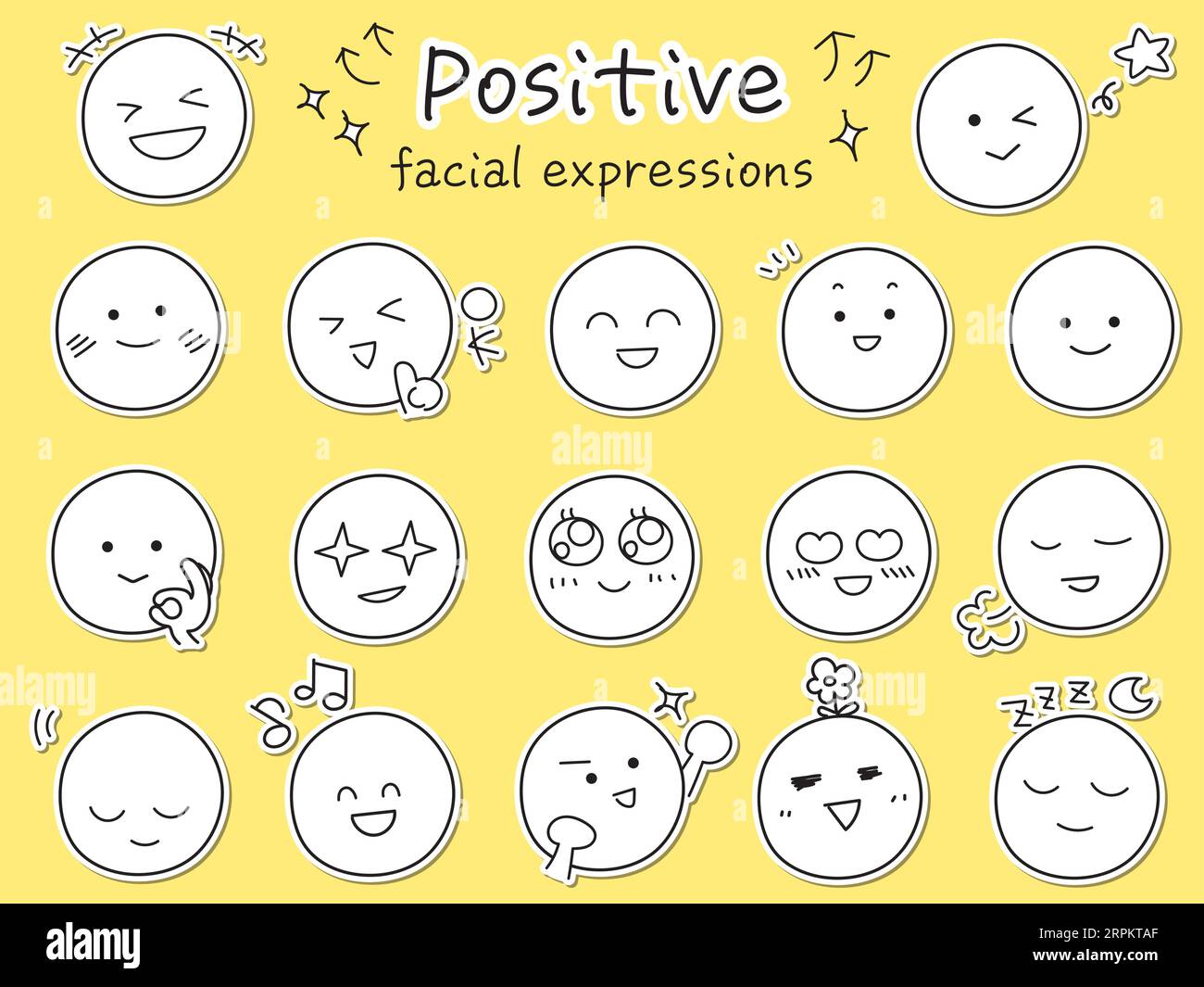 Set di icone per l'espressione positiva del viso, semplice e carina. Illustrazione del design in bianco e nero disegnato a mano in stile adesivo. Collezione di divertenti emoji. Illustrazione Vettoriale
