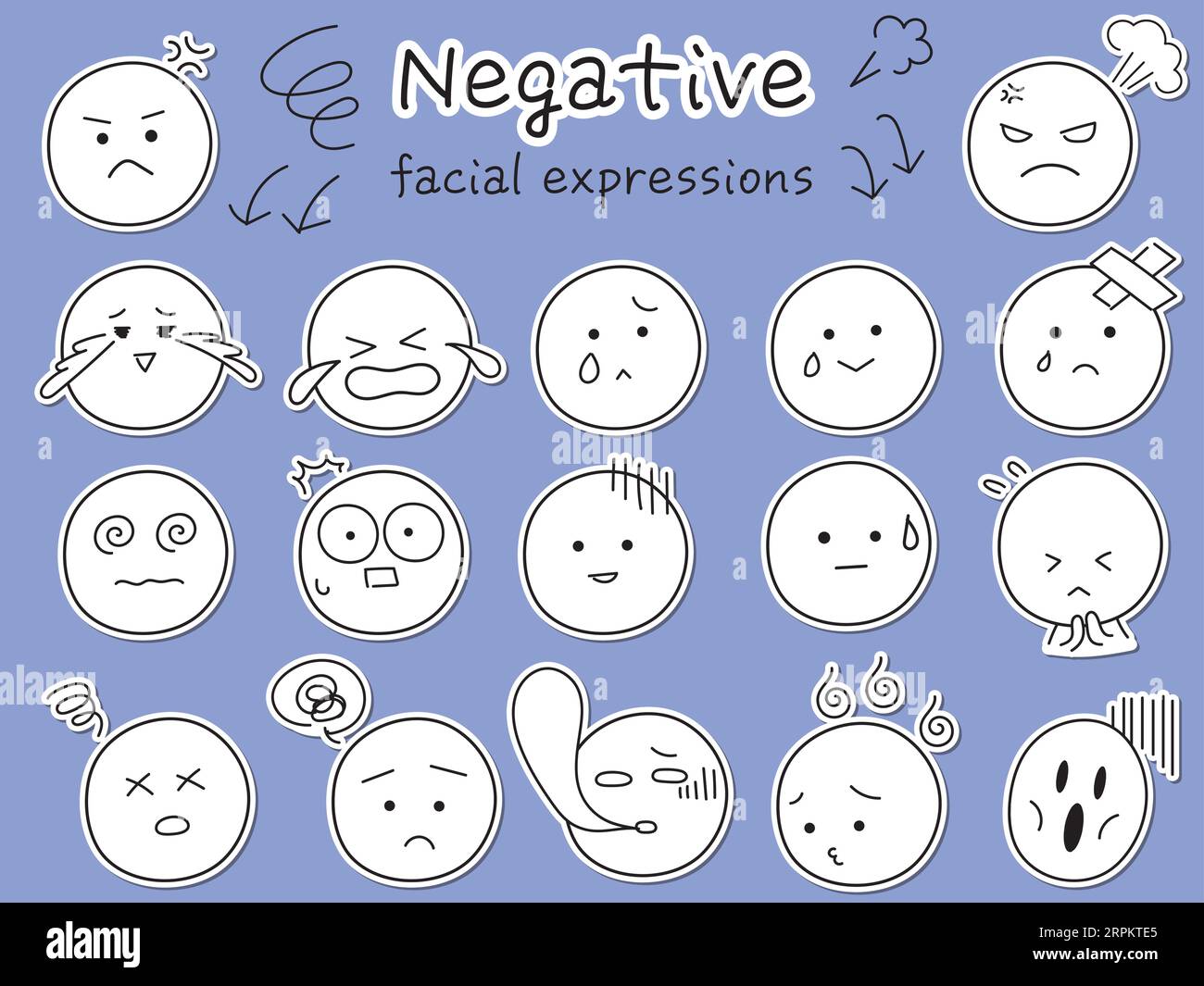 Set di icone per l'espressione facciale negativa semplice e carina. Illustrazione del design in bianco e nero disegnato a mano in stile adesivo. Collezione di divertenti emoji. Illustrazione Vettoriale