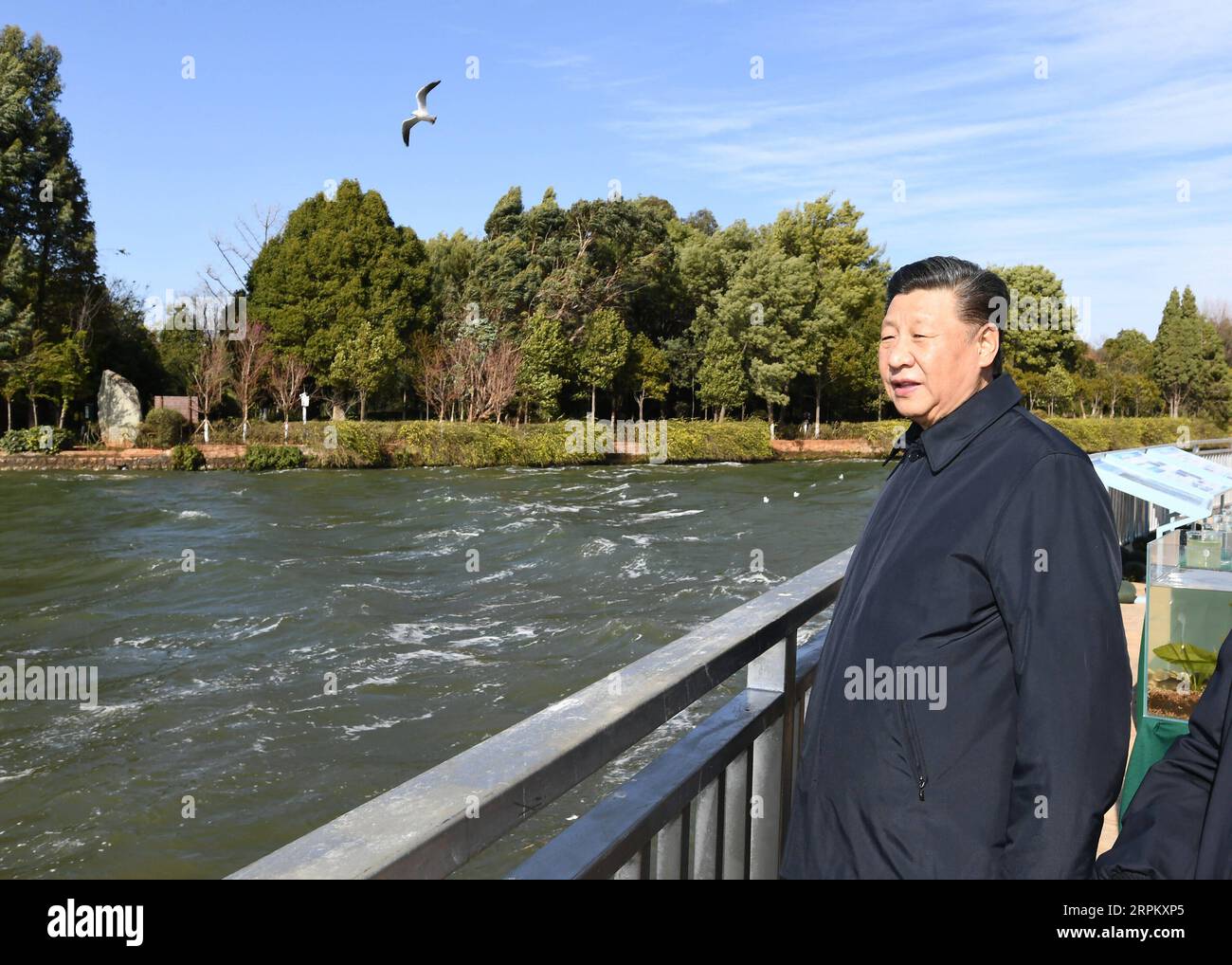 200120 -- KUNMING, 20 gennaio 2020 -- il presidente Xi Jinping, anche segretario generale del Comitato centrale del Partito Comunista Cinese e presidente della Commissione militare centrale CMC, visita una zona umida ecologica del lago Dianchi a Kunming, capitale della provincia dello Yunnan della Cina sud-occidentale, 20 gennaio 2020. XI visitò la zona umida per esaminare la protezione e il trattamento dell'inquinamento del lago durante un'ispezione in provincia. CHINA-YUNNAN-KUNMING-XI JINPING-DIANCHI LAKE-INSPECTION CN XIEXHUANCHI PUBLICATIONXNOTXINXCHN Foto Stock