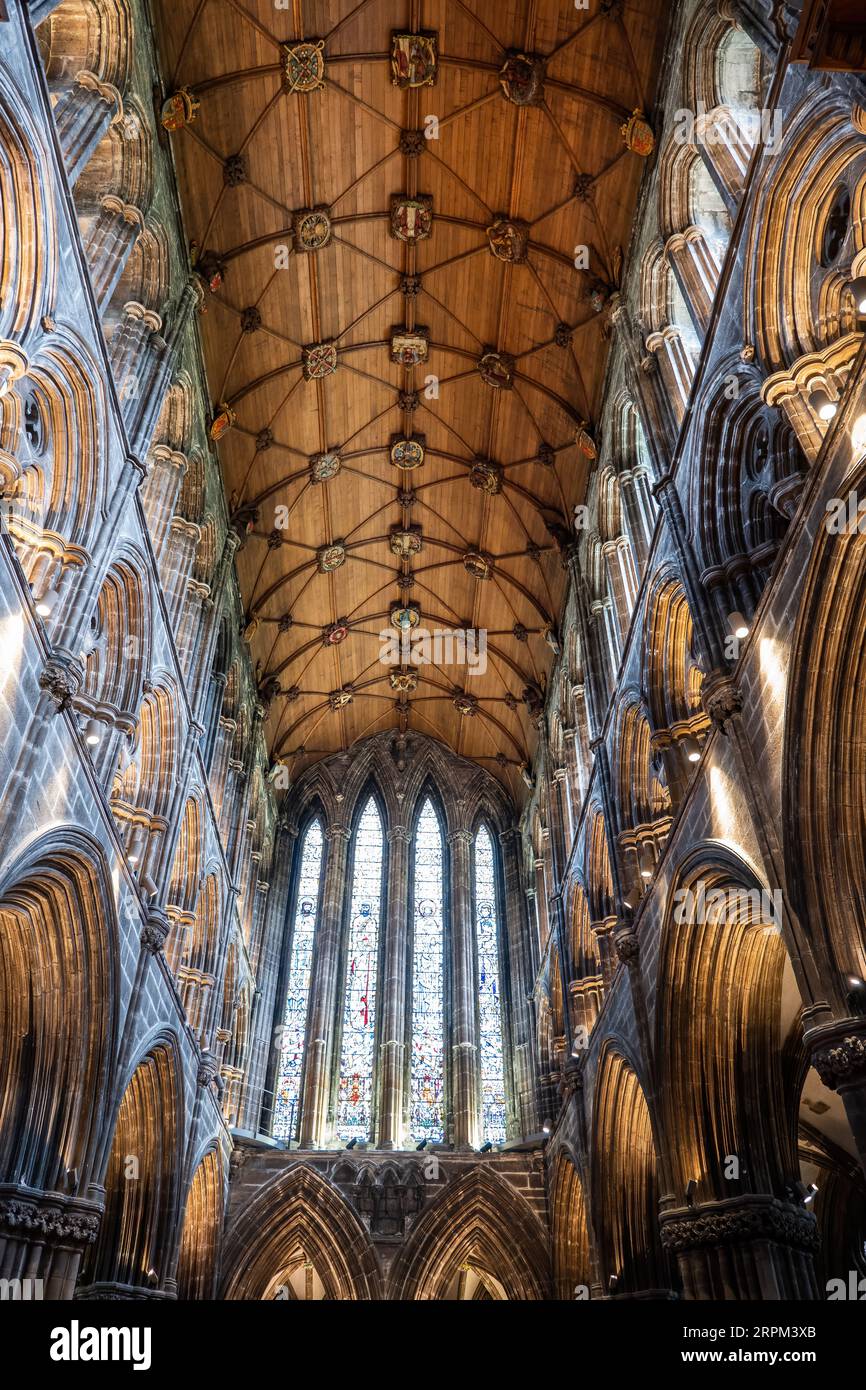 Glasgow, Scozia, Regno Unito - 11 maggio 2023 - interno della cattedrale di Glasgow, volta del coro in una chiesa gotica risalente al XII secolo. Foto Stock