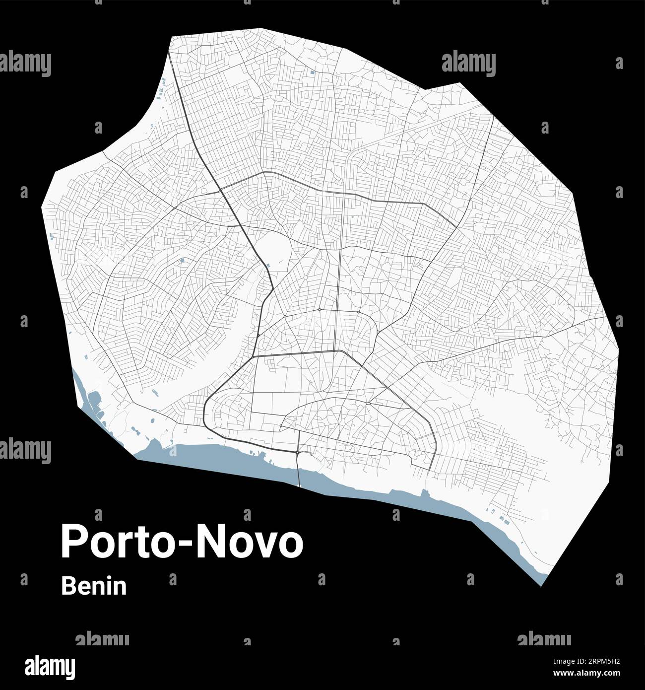 Mappa di Porto-Novo, capitale del Benin. Mappa dell'area amministrativa comunale con fiumi e strade, parchi e ferrovie. Illustrazione vettoriale. Illustrazione Vettoriale
