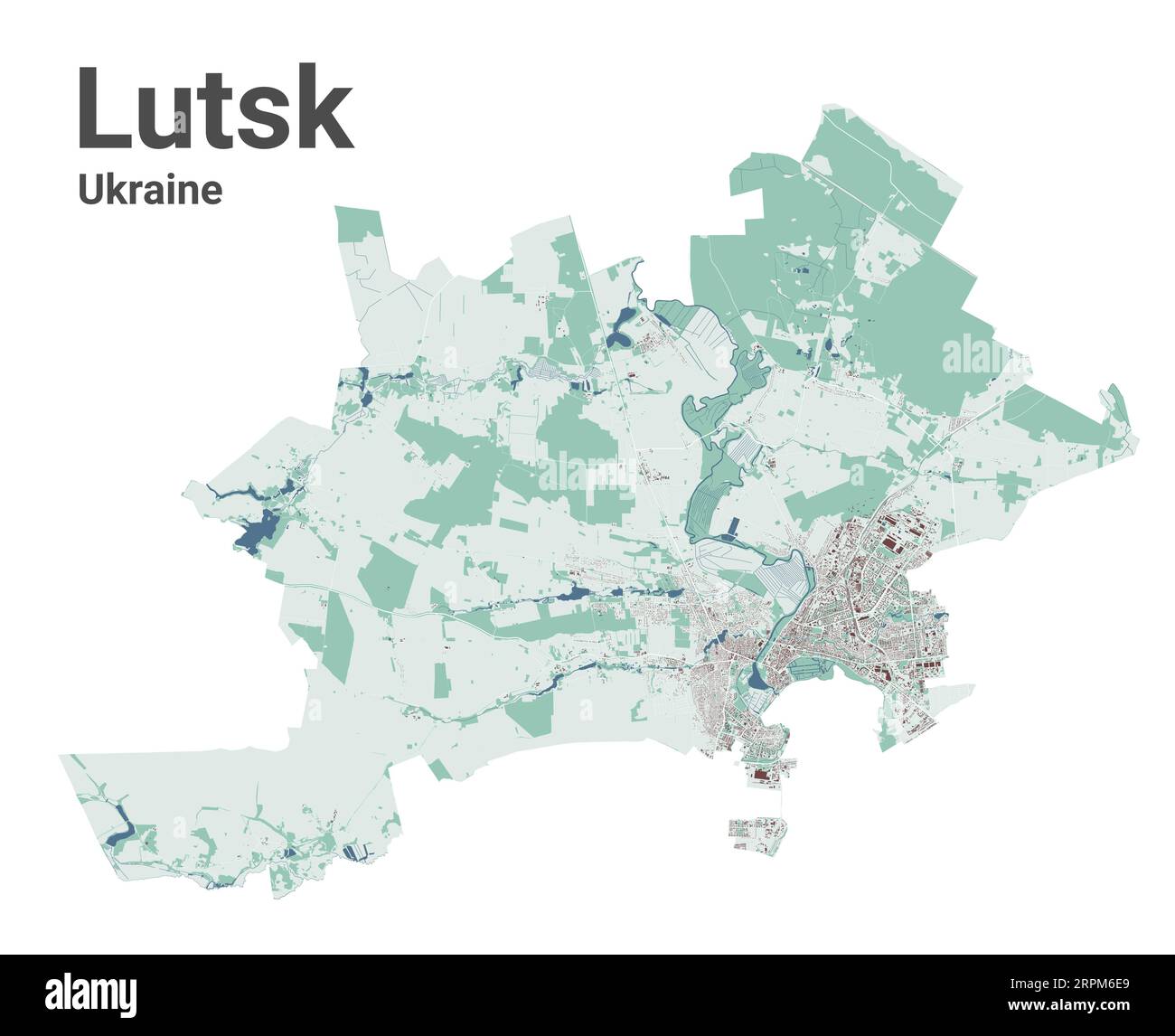 Mappa di Lutsk, città in Ucraina. Mappa dell'area amministrativa municipale con edifici, fiumi e strade, parchi e ferrovie. Illustrazione vettoriale. Illustrazione Vettoriale