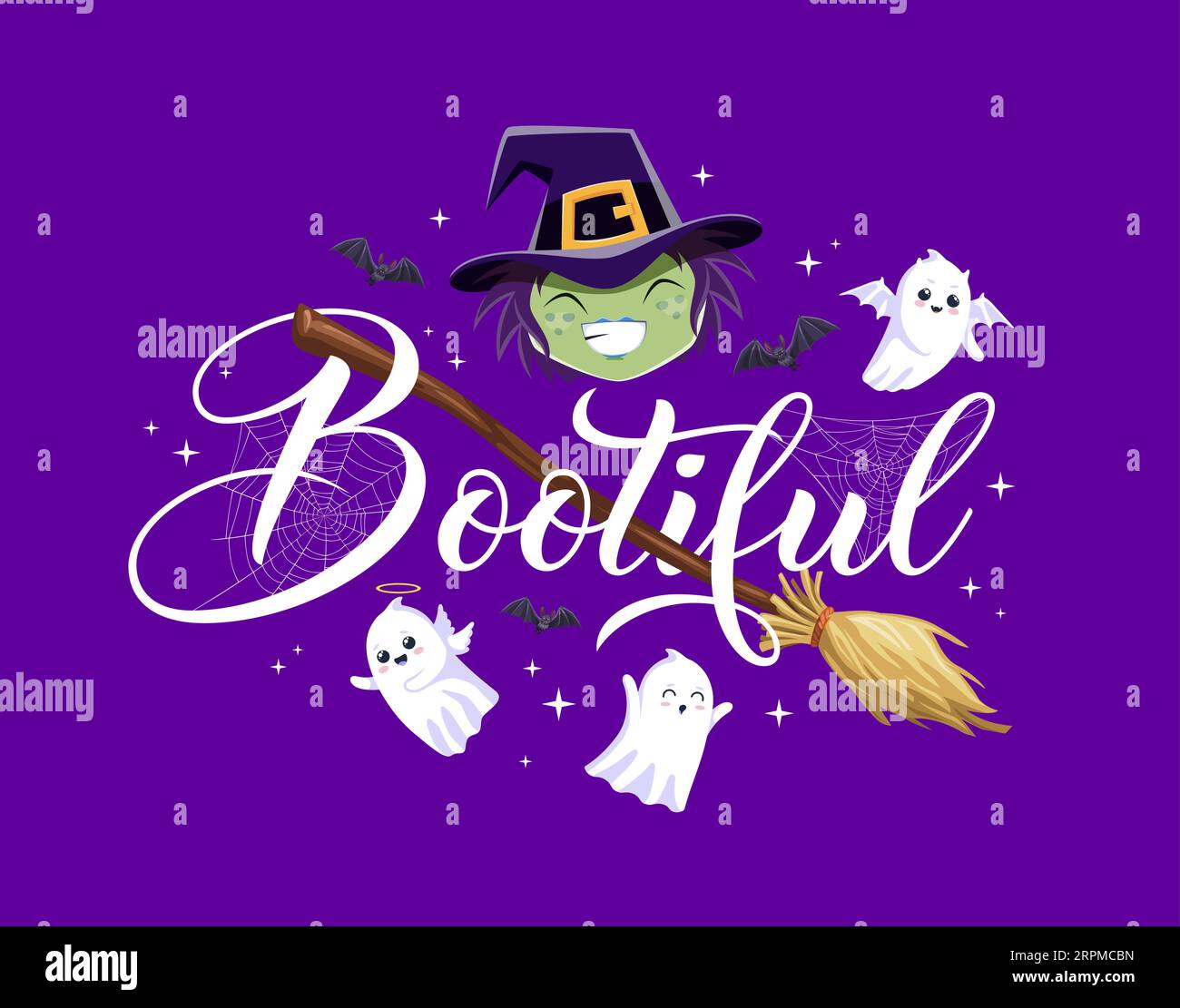 Citazione di Halloween fidelissima di personaggi dei cartoni animati fantasmi di strega e kawaii. Un tipo carino di Halloween horror per le vacanze notturne, una strega divertente con scopa, pipistrelli, ragnatele e fantasmi Illustrazione Vettoriale