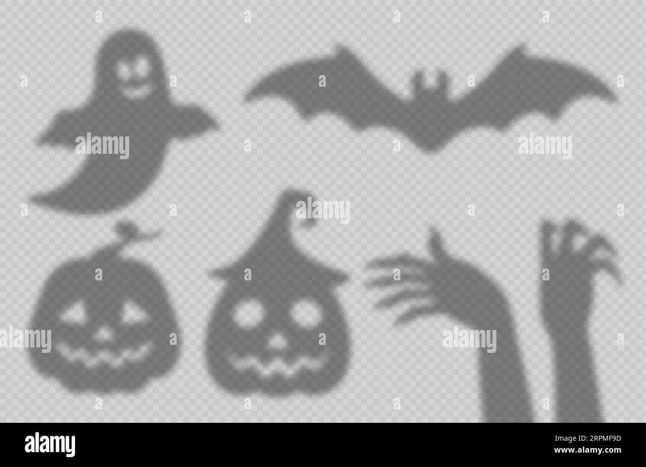 Sovrapposizione di ombre di Halloween, fantasma vettoriale isolato, volti di zucca, pipipistrello volante e tonalità mani sulla parete con effetto di luce naturale. Sagome di spavento sorridente, braccia gestanti e jack lantern Illustrazione Vettoriale