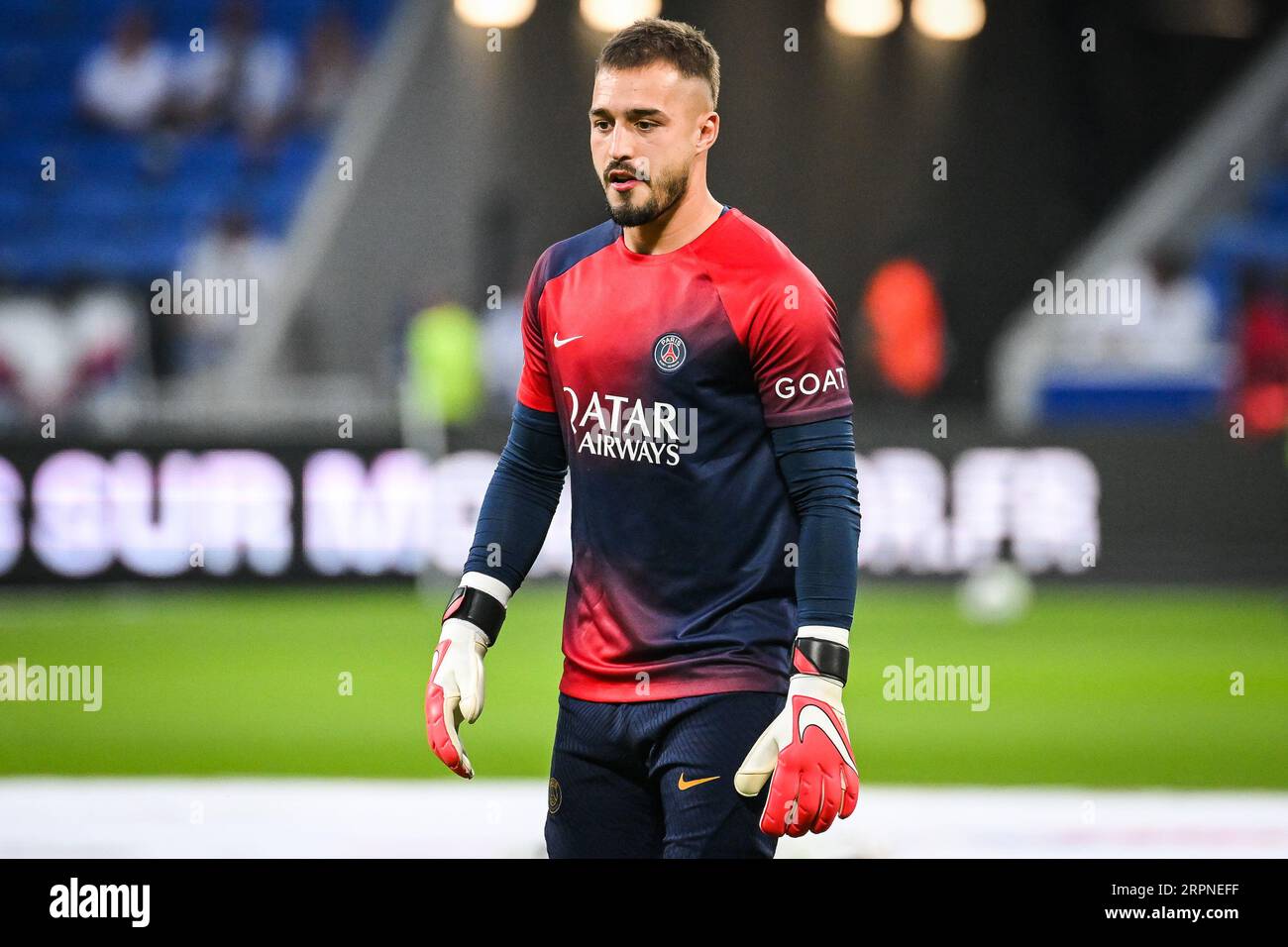 Decines-Charpieu, Francia, Francia. 3 settembre 2023. Arnau TENAS del PSG durante la partita di Ligue 1 tra Olympique Lyonnais (OL) e Paris Saint-Germain (PSG) al Groupama Stadium il 3 settembre 2023 a Decines-Charpieu vicino a Lione, in Francia. (Immagine di credito: © Matthieu Mirville/ZUMA Press Wire) SOLO USO EDITORIALE! Non per USO commerciale! Foto Stock