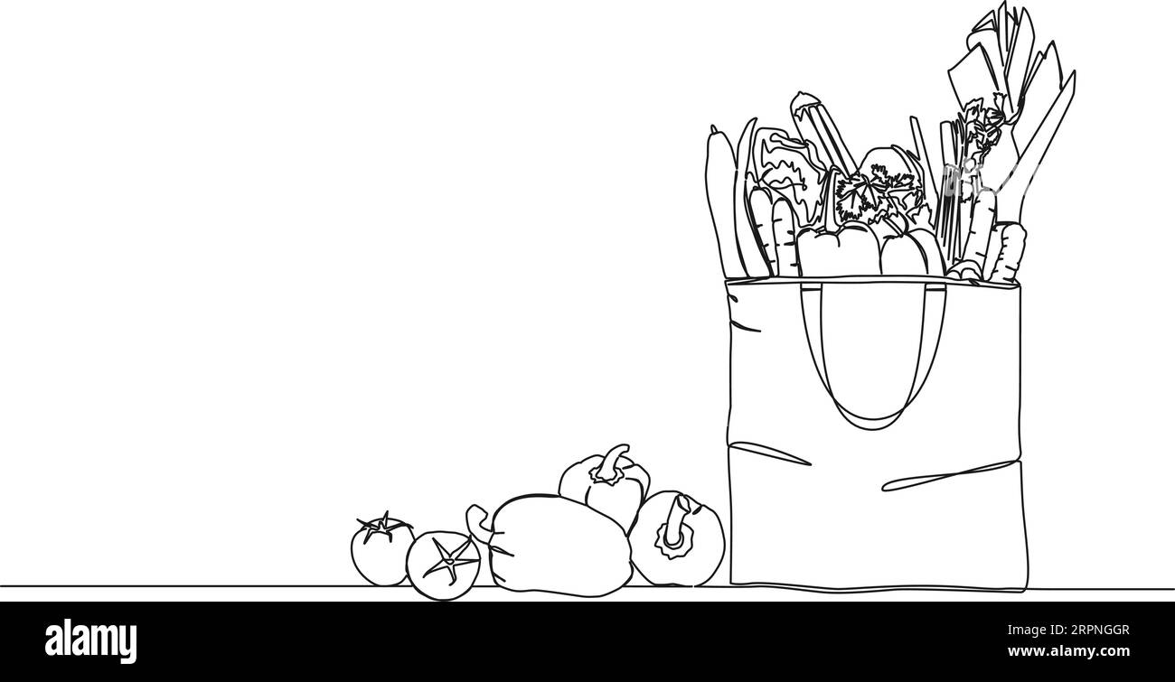 disegno continuo a linea singola della shopping bag riempita di verdure fresche, illustrazione vettoriale della line art Illustrazione Vettoriale
