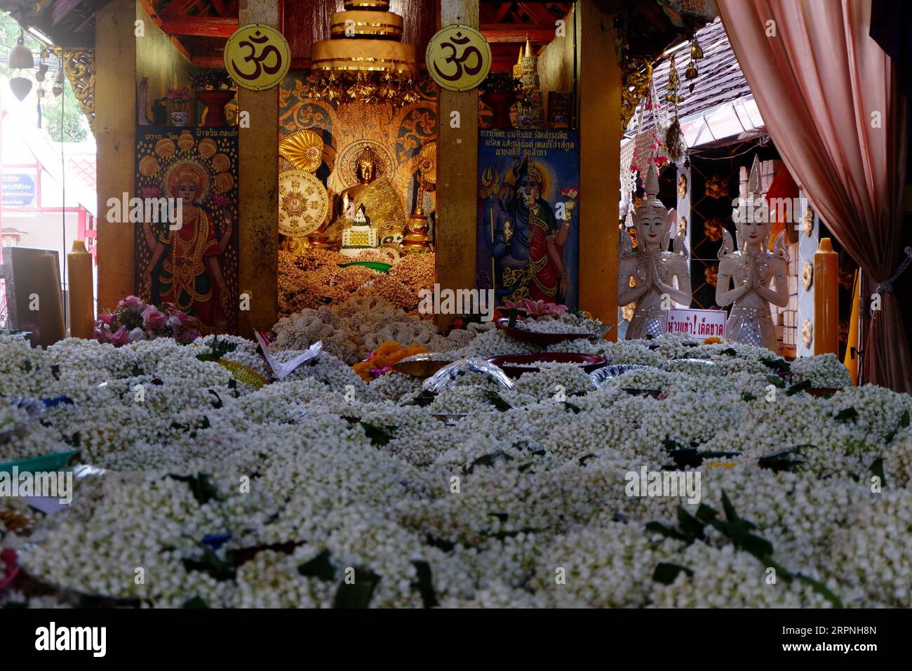 Molti fiori di gelsomino sono venuti per offrire a Phrajaotanjai a Wat Phra quel Doi Kham. Foto Stock
