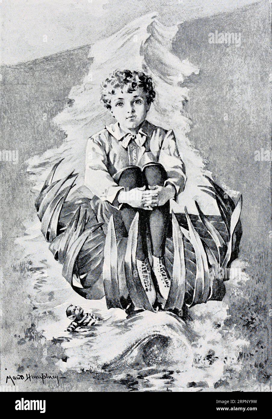 La foglia di palma si arricciò i bordi lontano dall'acqua e fece una barca deliziosa per Richard." Scopi incrociati illustrati da Maud Humphrey, dal libro per bambini ' The light Princess, and Other Fairy Tales' di George MacDonald, 1824-1905 Publisher, New York ; Londra : i figli di G. P. Putnam 1893 George MacDonald (10 dicembre 1824 – 18 settembre 1905) sono stati uno scrittore, poeta e ministro congregazionale scozzese. Divenne una figura pionieristica nel campo della letteratura fantasy moderna e il mentore del collega scrittore Lewis Carroll. Oltre alle sue fiabe, MacDonald scrisse diverse opere Foto Stock