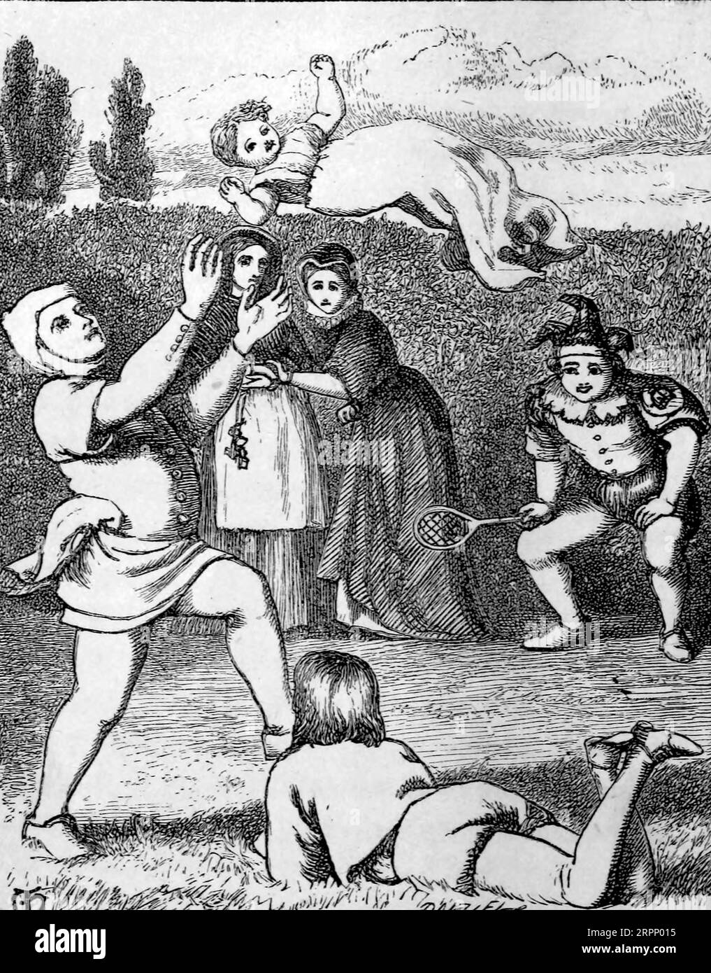 Playing at Ball Illustrated by Arthur Hughes, 1832-1915 " Dealings with the Fairies " di George MacDonald, 1824-1905; Publisher London : Alexander Strahan 1867 George MacDonald (10 dicembre 1824 – 18 settembre 1905) è stato uno scrittore, poeta e ministro congregazionale scozzese. Divenne una figura pionieristica nel campo della letteratura fantasy moderna e il mentore del collega scrittore Lewis Carroll. Oltre alle sue fiabe, MacDonald scrisse diverse opere di teologia cristiana, tra cui diverse raccolte di sermoni. Foto Stock