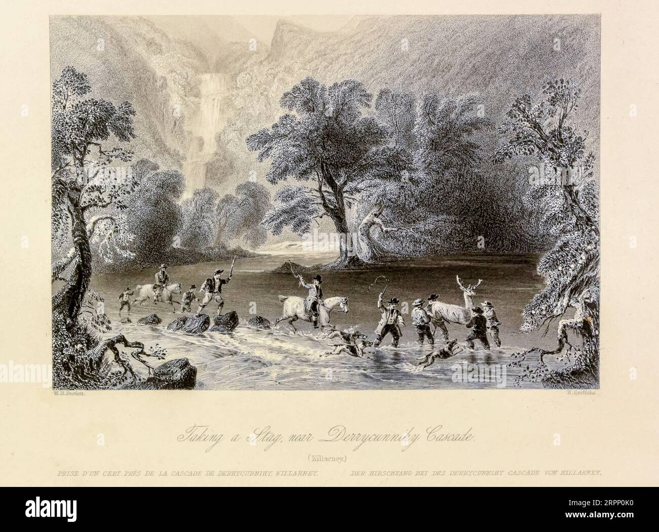 Taking a Stag Near Derrycunnehey Cascade Steel incisione dal paesaggio e dalle antichità dell'Irlanda di Bartlett, W. H. (William Henry), 1809-1854, Illustrator.volume 2. Editore Londra : George Virtue 1842 William Henry Bartlett (Londra, 26 marzo 1809 – Londra, 13 settembre 1854) è stato un artista britannico, meglio conosciuto per i suoi numerosi disegni trasformati in incisioni in acciaio. Foto Stock