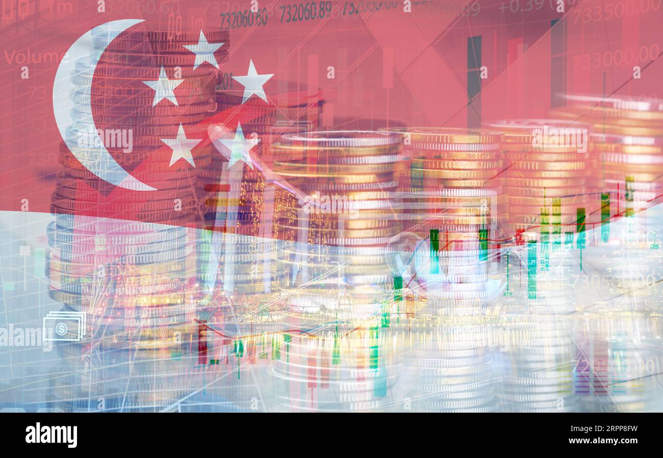 Il mercato finanziario di Singapore rappresenta un punto focale per il trading azionario, la borsa forex e gli investimenti digitali. Bandiera di Singapore, grafici di crescita, Foto Stock