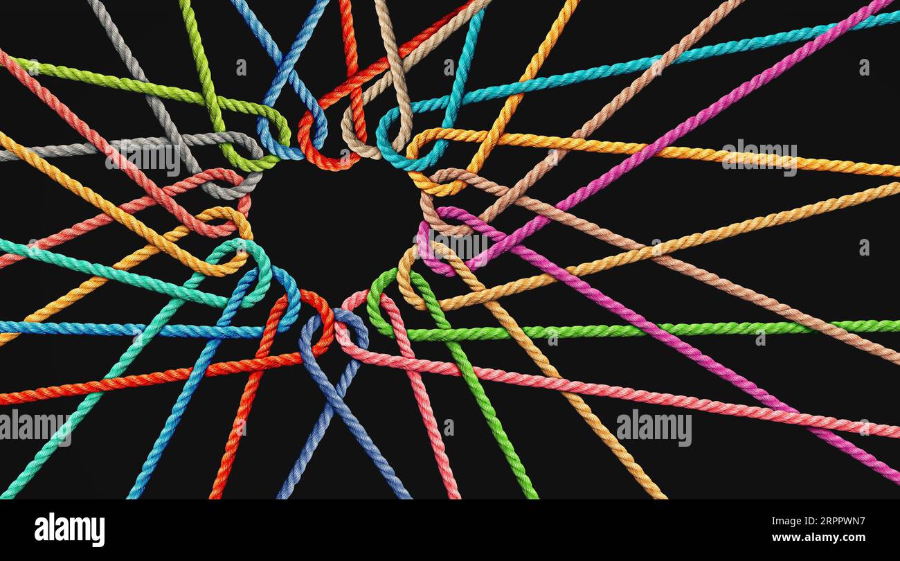 Amore e unità collaborano come corde modellate come un cuore in un gruppo di corde diverse collegate tra loro a forma di simbolo di supporto che esprime Foto Stock