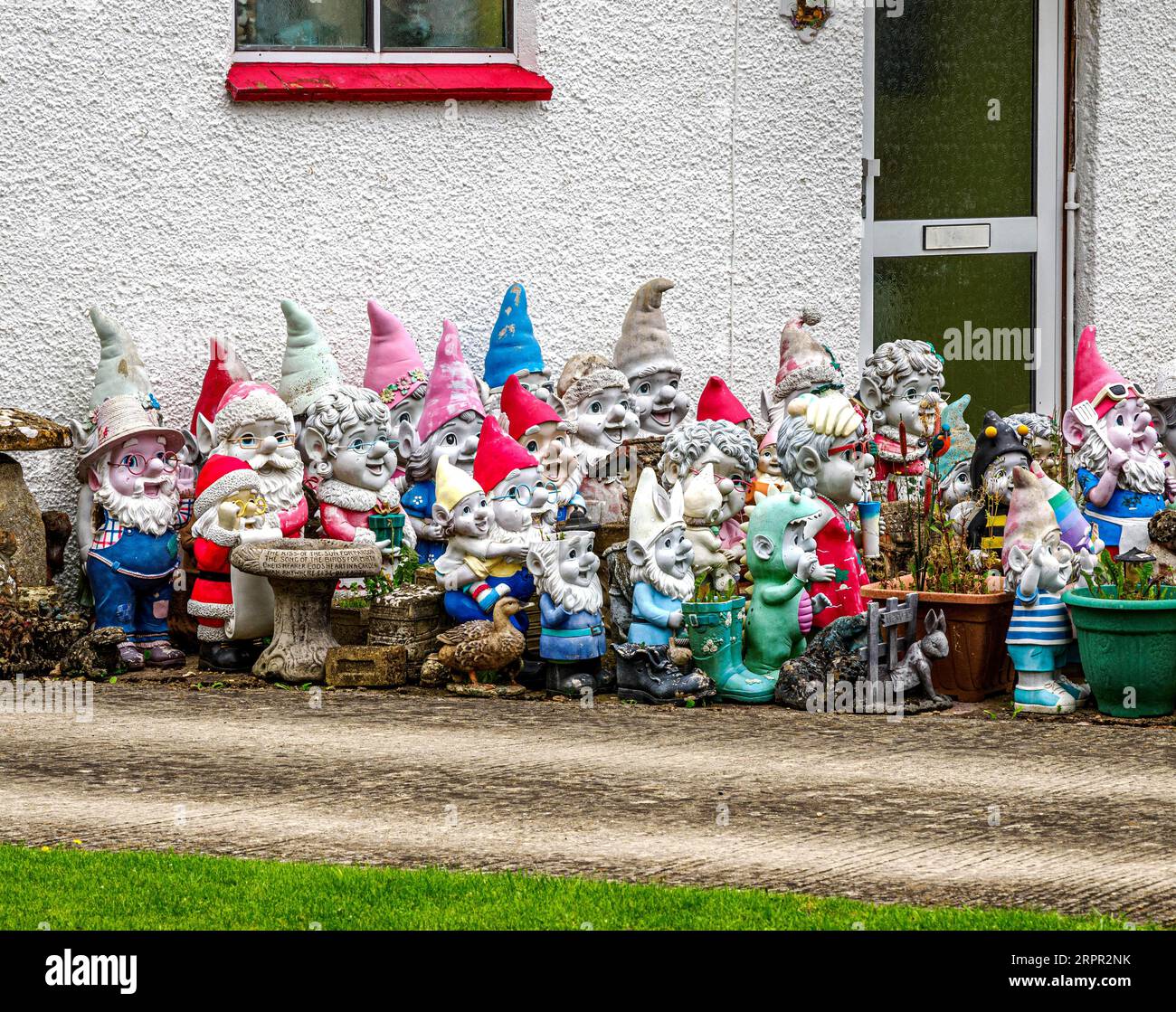 Grande collezione di gnomi da giardino a guardia del giardino frontale di una casa nel Wiltshire nel Regno Unito Foto Stock