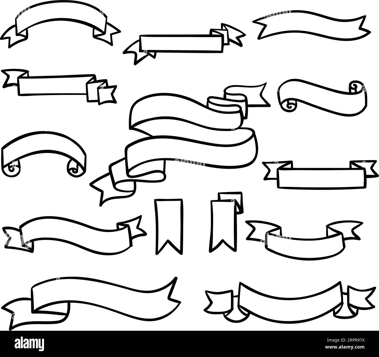 Set di segni di contorno per banner di testo. Semplice profilo del nastro nero isolato su bianco. Illustrazione vettoriale Illustrazione Vettoriale