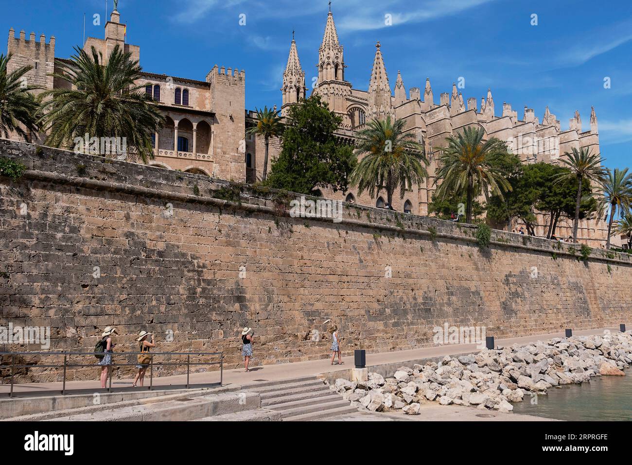 Spagna, Isole Baleari, Maiorca, Palma di Maiorca, città Vecchia. Palazzo reale di la Almudaina e la Seu Cattedrale gotica cattolica di Santa Maria Foto Stock