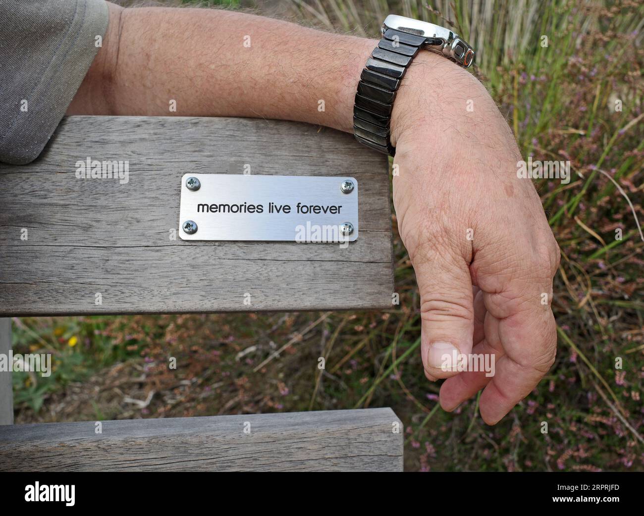 "Memories Live Forever" è scritto su una targa sul retro di una panchina. Il braccio di un uomo lo protegge. Foto Stock