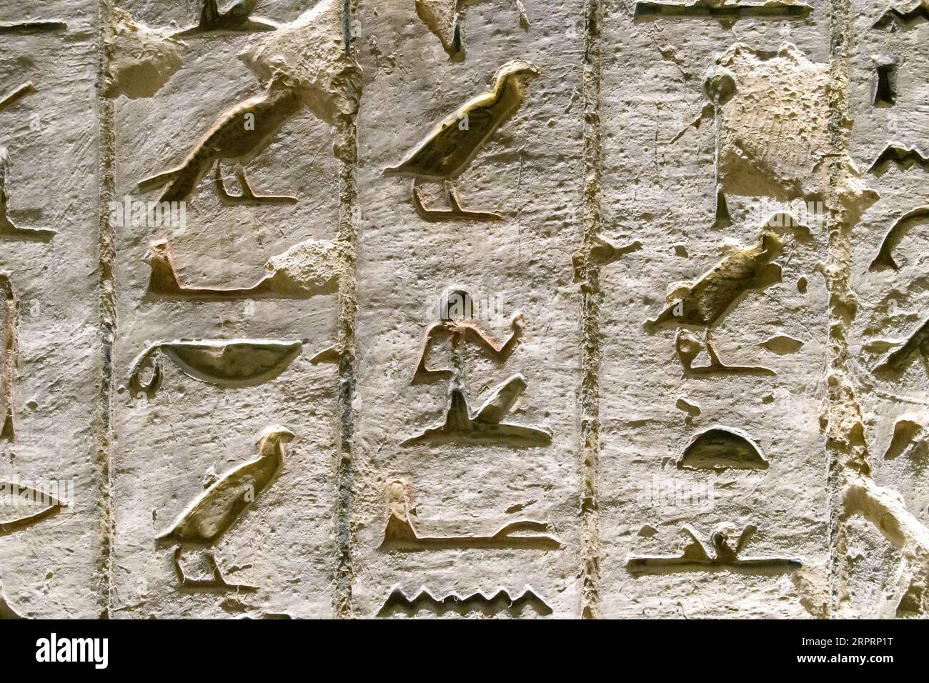 Antico Egitto. Frammenti di disegni e geroglifici sulle pareti. Primo piano. Foto Stock