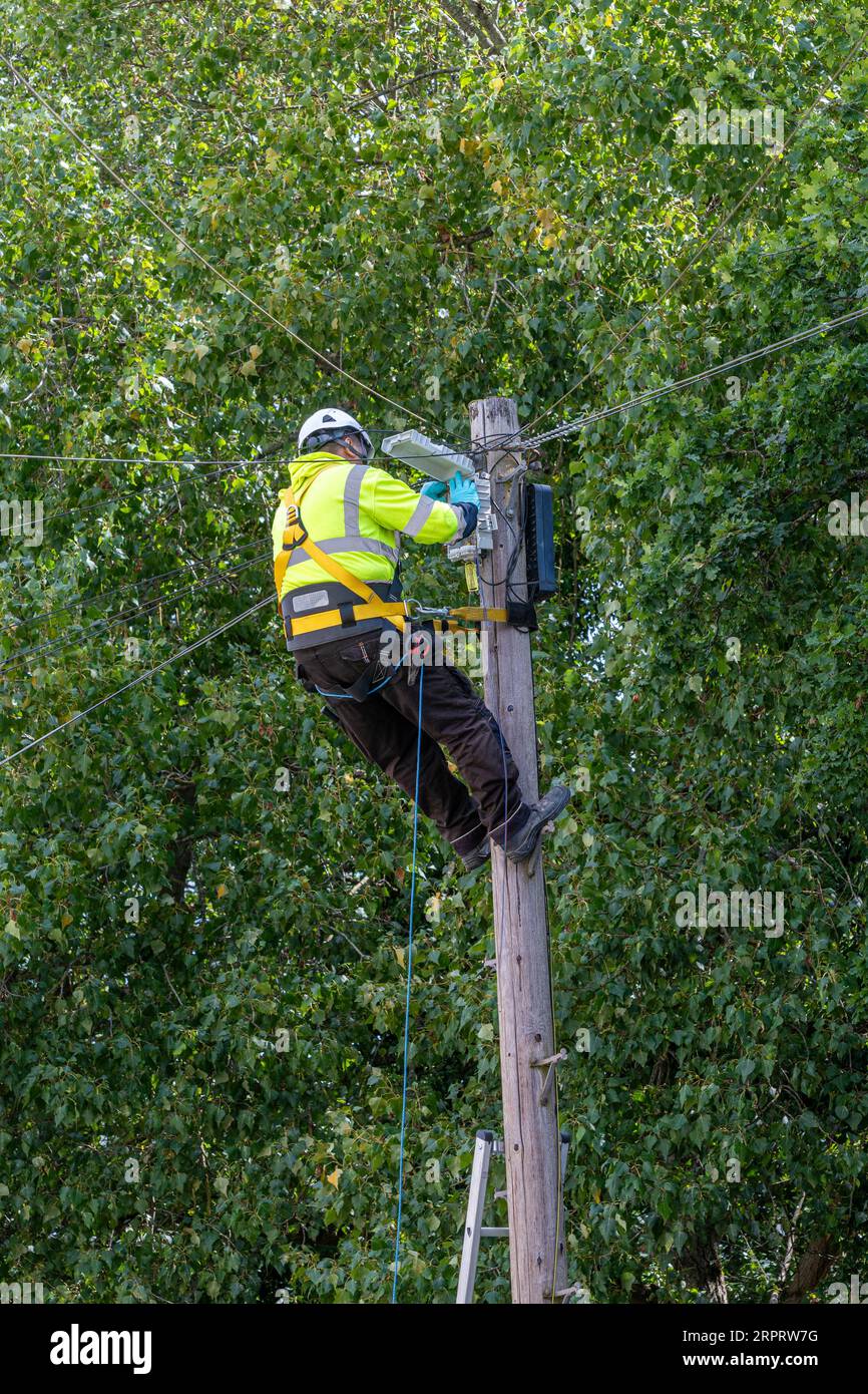 Workman, ingegnere delle telecomunicazioni, lavora in altezza sulla sommità di un palo del telegrafo, Regno Unito Foto Stock