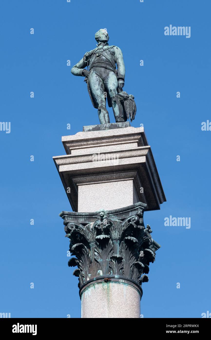 Statua del Duca di Wellington su un'alta colonna all'ingresso del parco a Stratfield Saye House, la sua ex casa nell'Hampshire, Inghilterra, Regno Unito Foto Stock