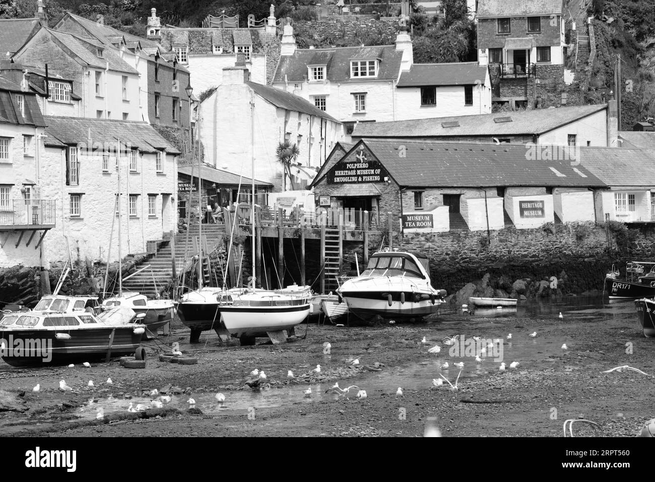 L'immagine in bianco e nero del pittoresco porto di Polperro, con il suo antico patrimonio di contrabbando, è ancora oggi un trafficato porto di pescatori Foto Stock