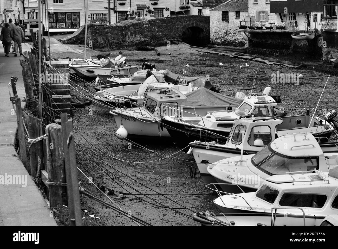 L'immagine in bianco e nero del pittoresco porto di Polperro, con il suo antico patrimonio di contrabbando, è ancora oggi un trafficato porto di pescatori Foto Stock