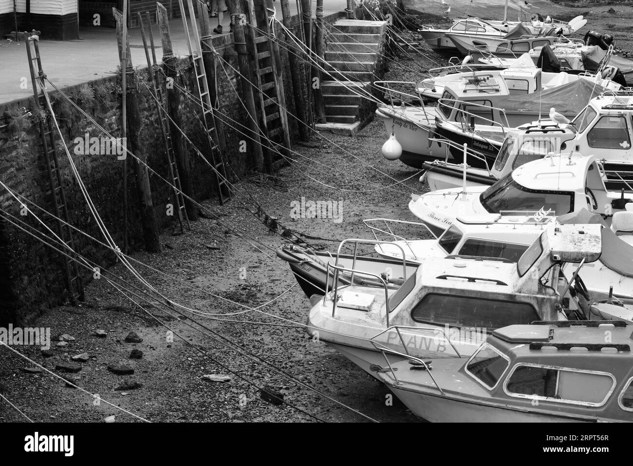 L'immagine in bianco e nero del pittoresco porto di Polperro, con il suo antico patrimonio di contrabbando, è ancora oggi un trafficato porto di pescatori Foto Stock